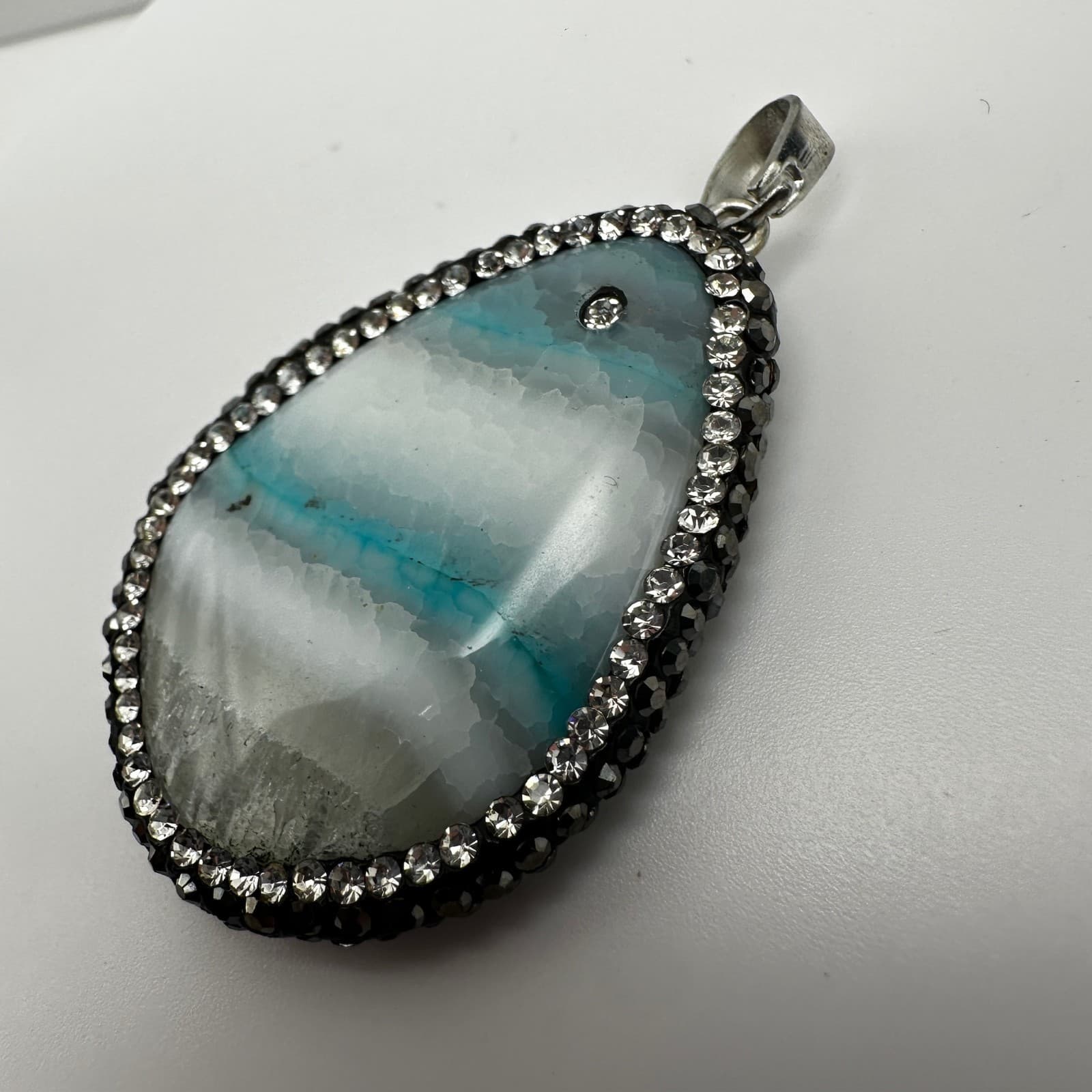 Vintage 90s Blue agate teardrop pendant black & clear rhinestone Jewelry - Thumbnail 3