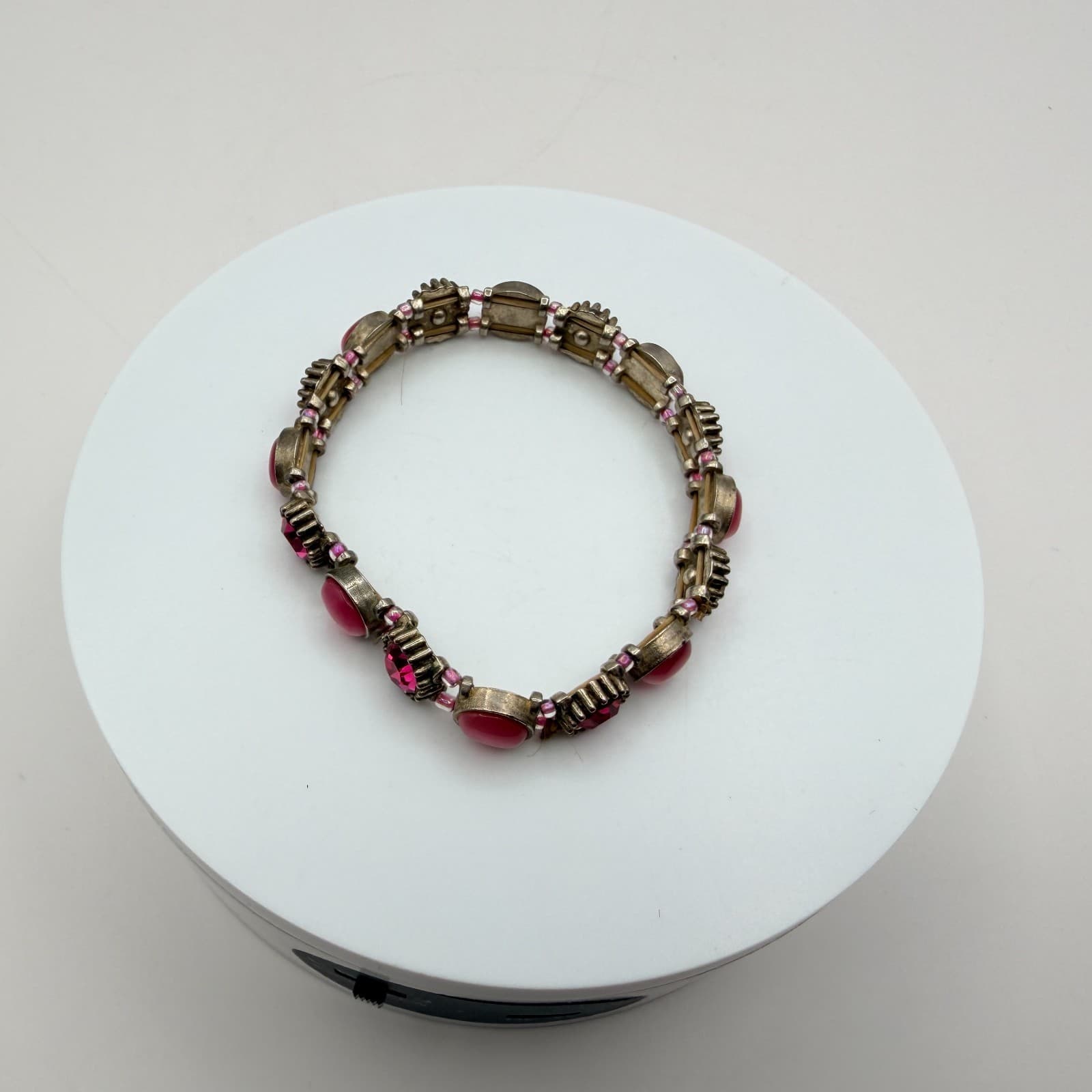 Vintage 90s Pink Glass Bracelet Silver Tone Stretch Boho Retro Statement Jewelry - Thumbnail 6