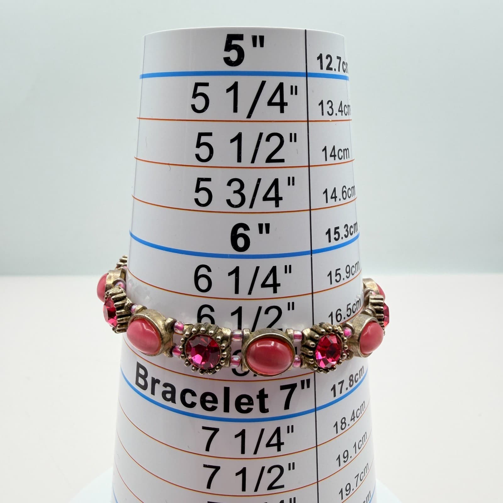 Vintage 90s Pink Glass Bracelet Silver Tone Stretch Boho Retro Statement Jewelry - Thumbnail 8