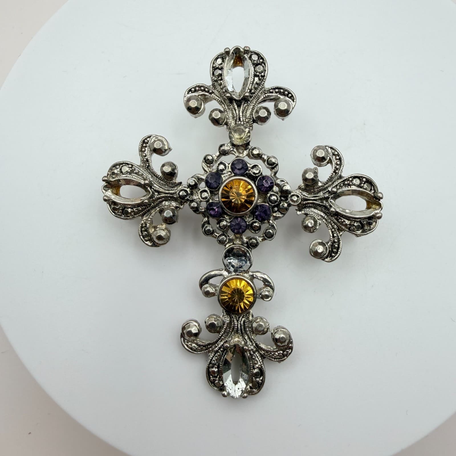 Vintage Y2K Silver Tone Rhinestone Filigree Cross Brooch Pin Statement Jewelry - Thumbnail 8