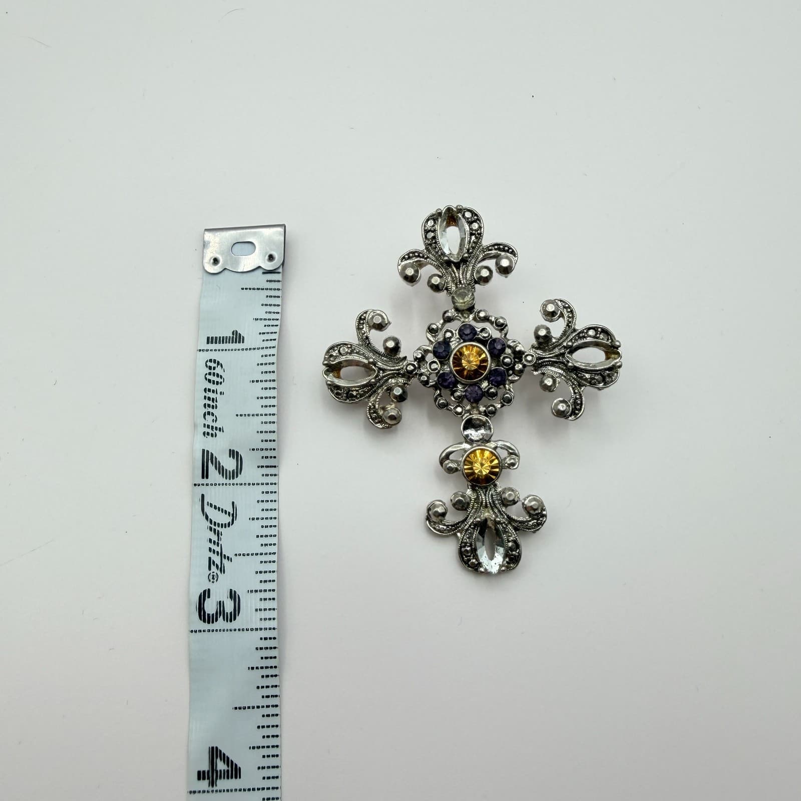 Vintage Y2K Silver Tone Rhinestone Filigree Cross Brooch Pin Statement Jewelry - Thumbnail 9