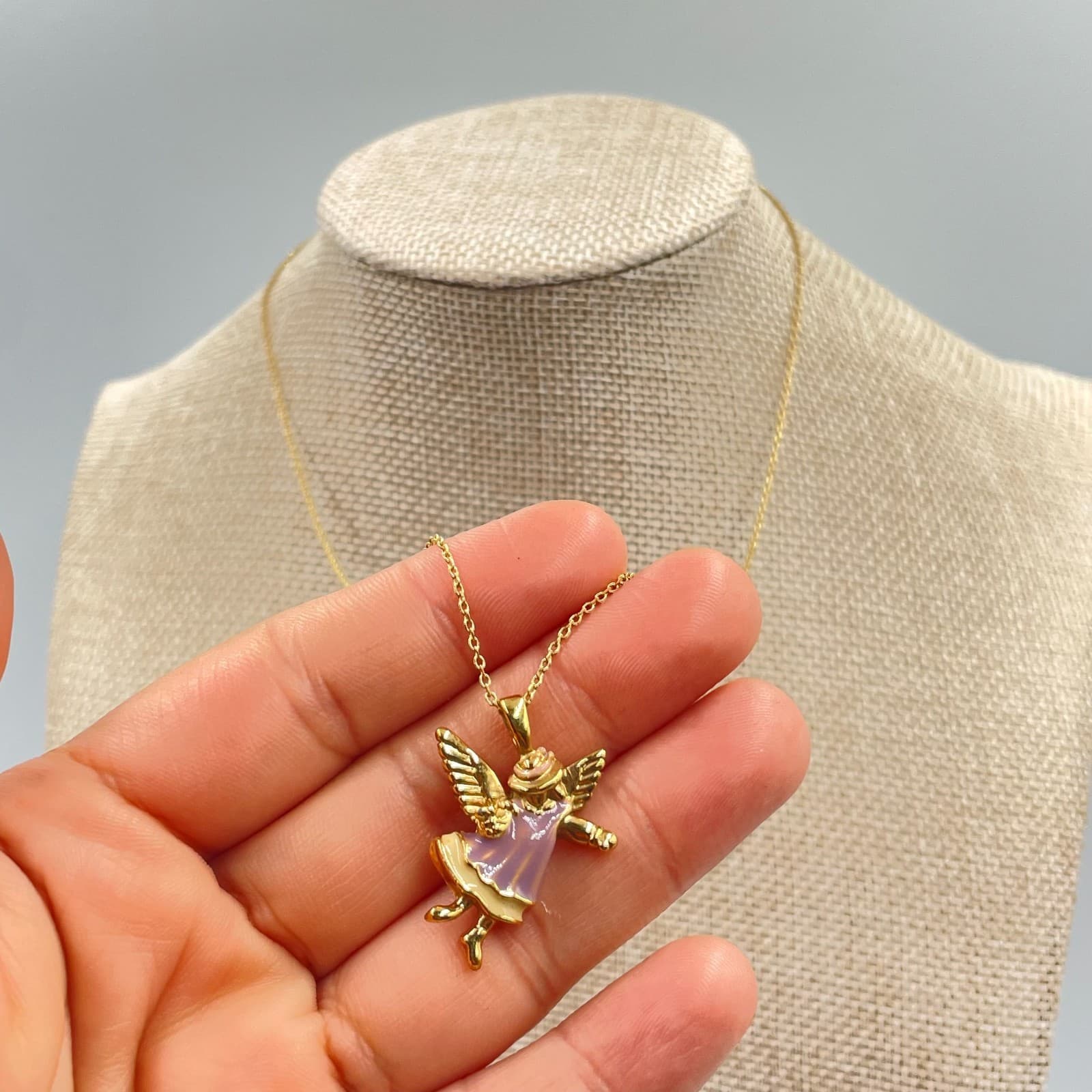 Vintage Gold-Tone Chain Enamel Coated Whimsical Angel Pendant Push Lock Necklace - Thumbnail 4