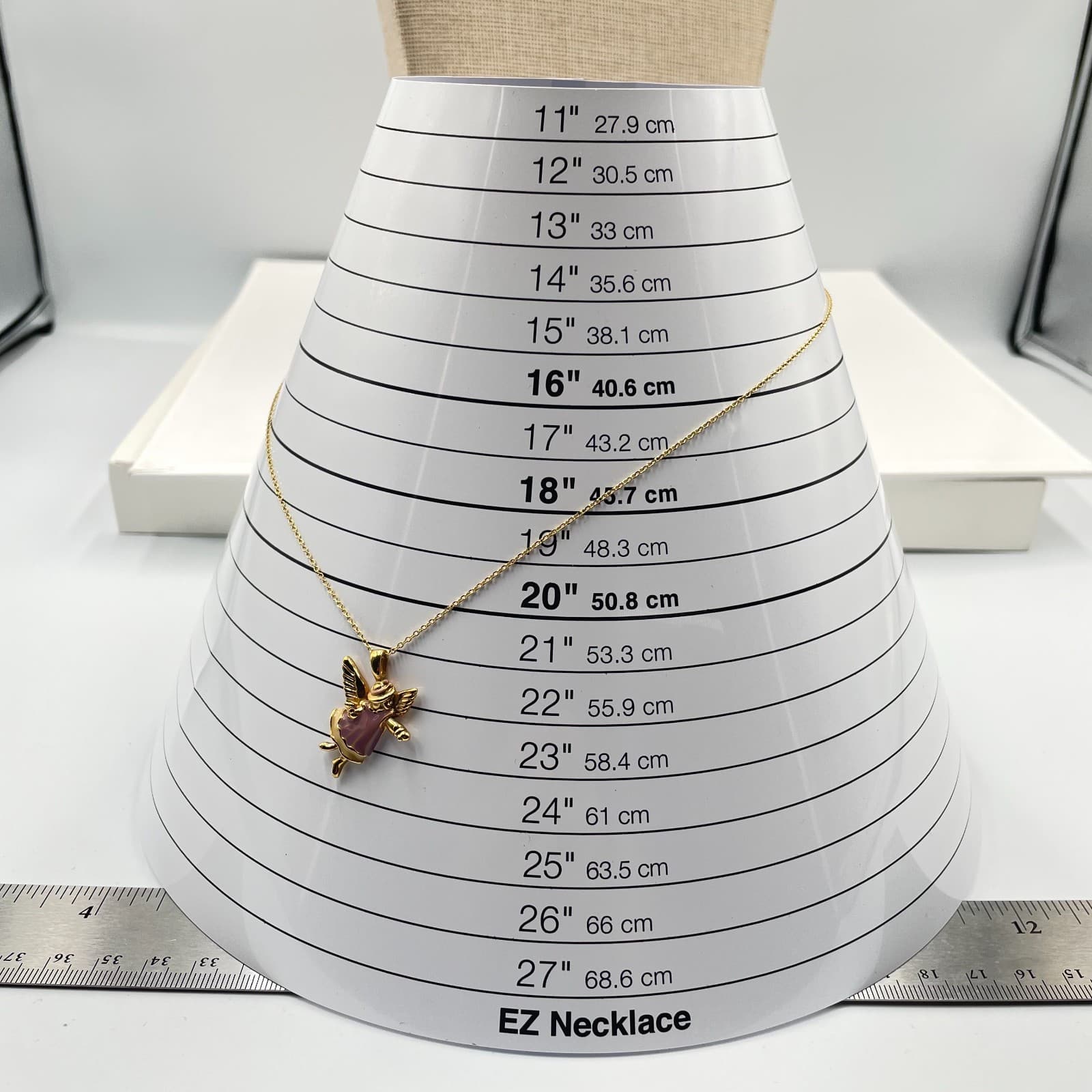 Vintage Gold-Tone Chain Enamel Coated Whimsical Angel Pendant Push Lock Necklace - Thumbnail 8