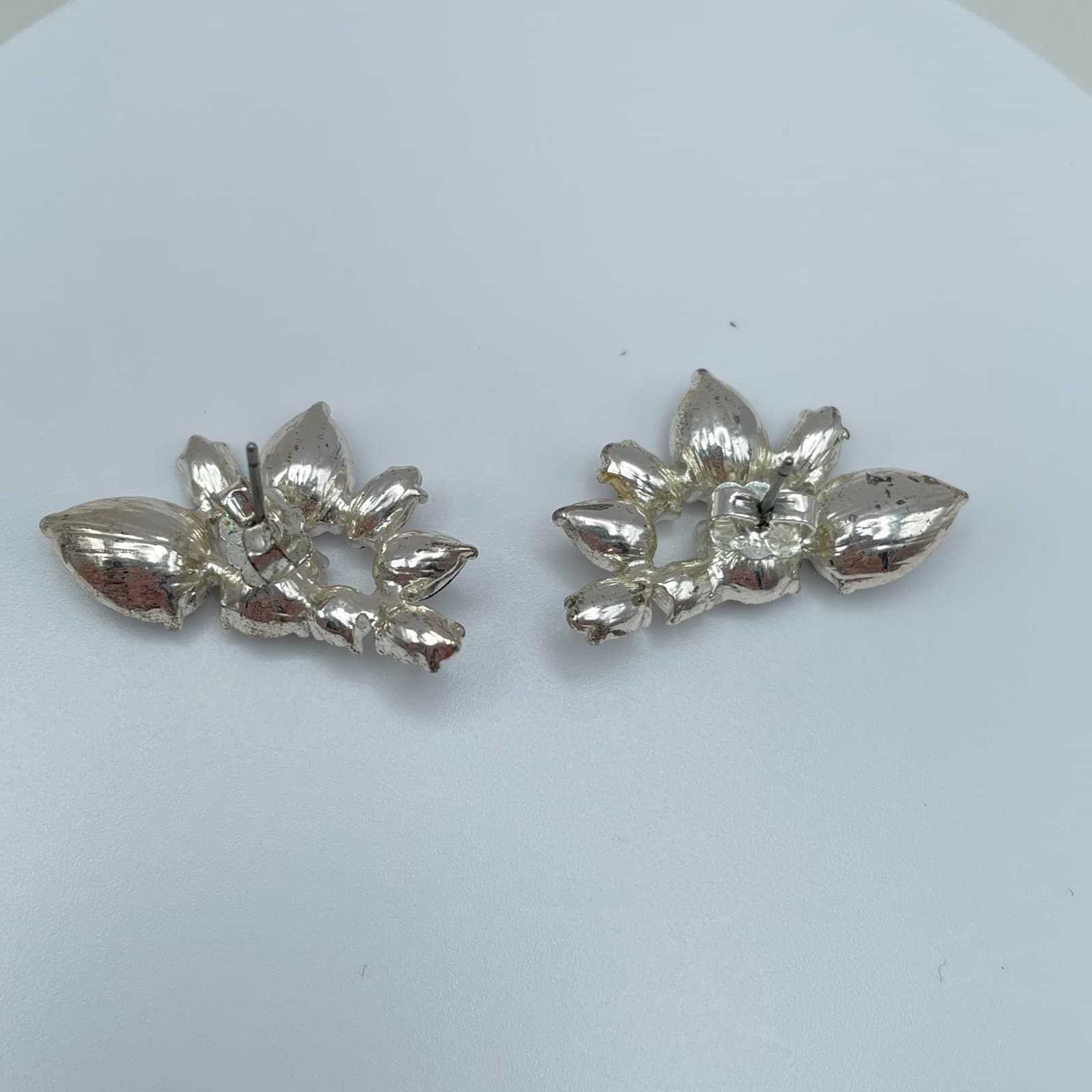 Vintage 90s Silver Tone Black Teardrop Glass Fan Statement Stud Earrings Jewelry - Thumbnail 3