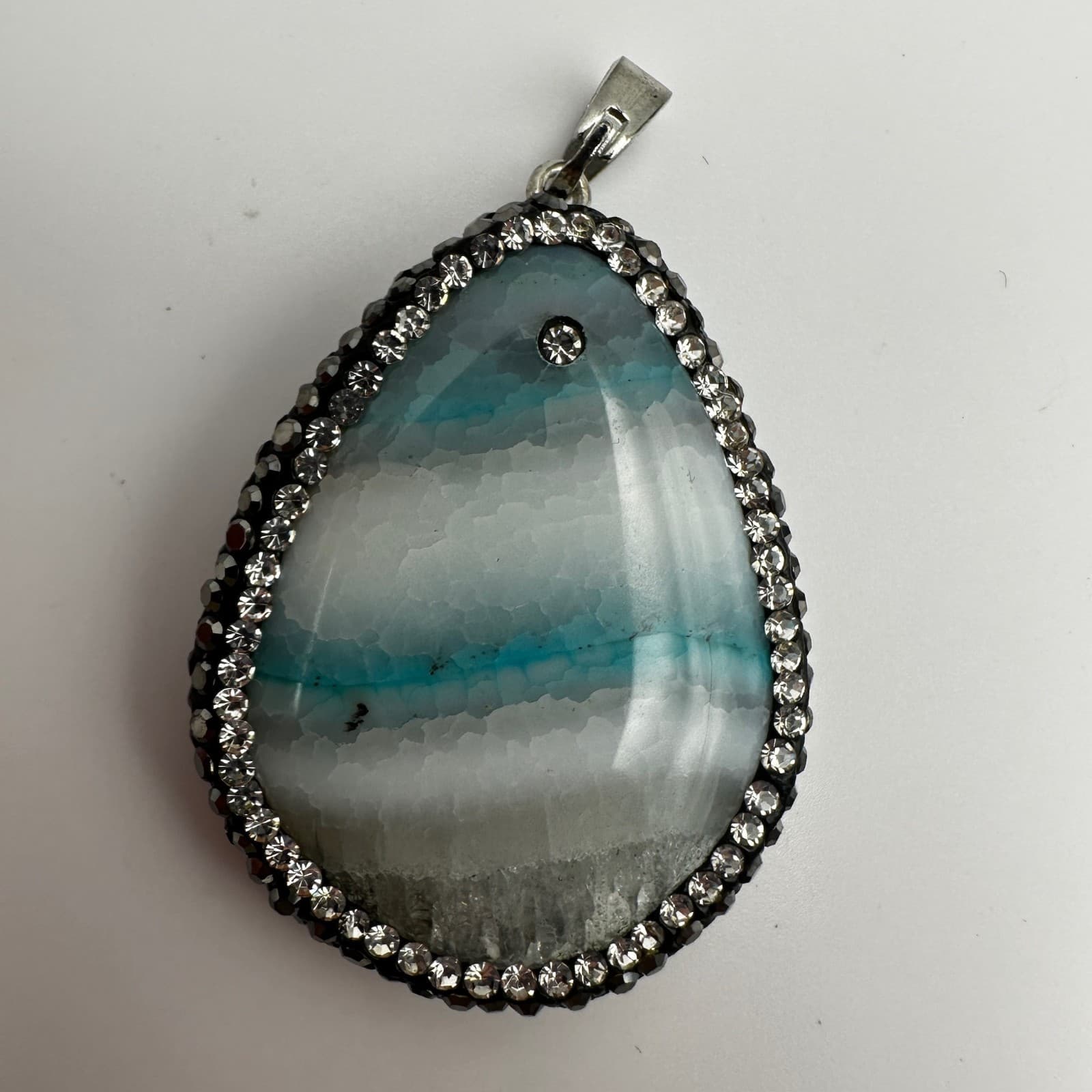 Vintage 90s Blue agate teardrop pendant black & clear rhinestone Jewelry - Thumbnail 5