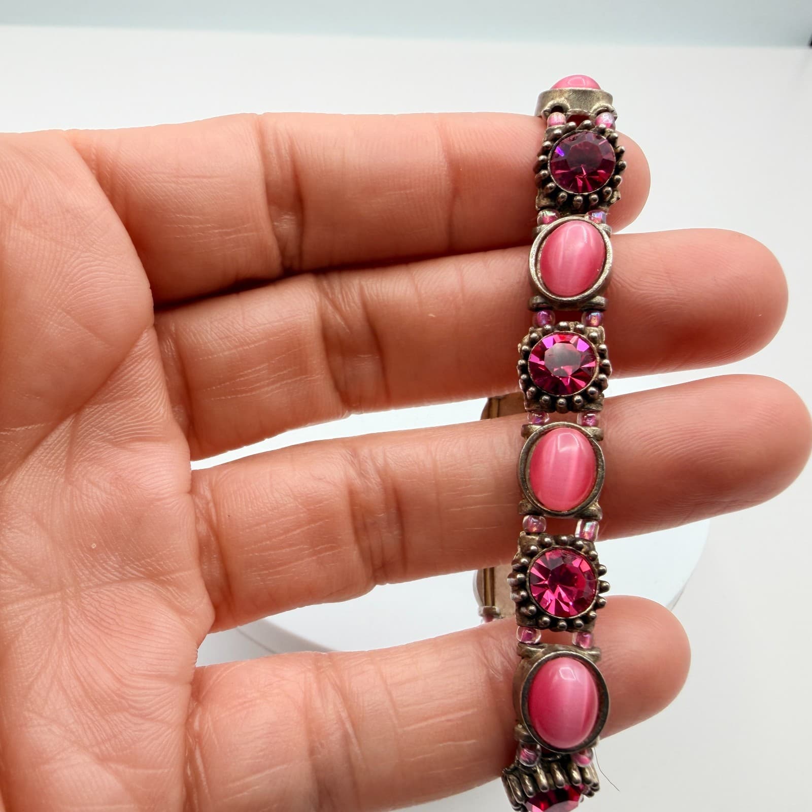 Vintage 90s Pink Glass Bracelet Silver Tone Stretch Boho Retro Statement Jewelry - Thumbnail 7
