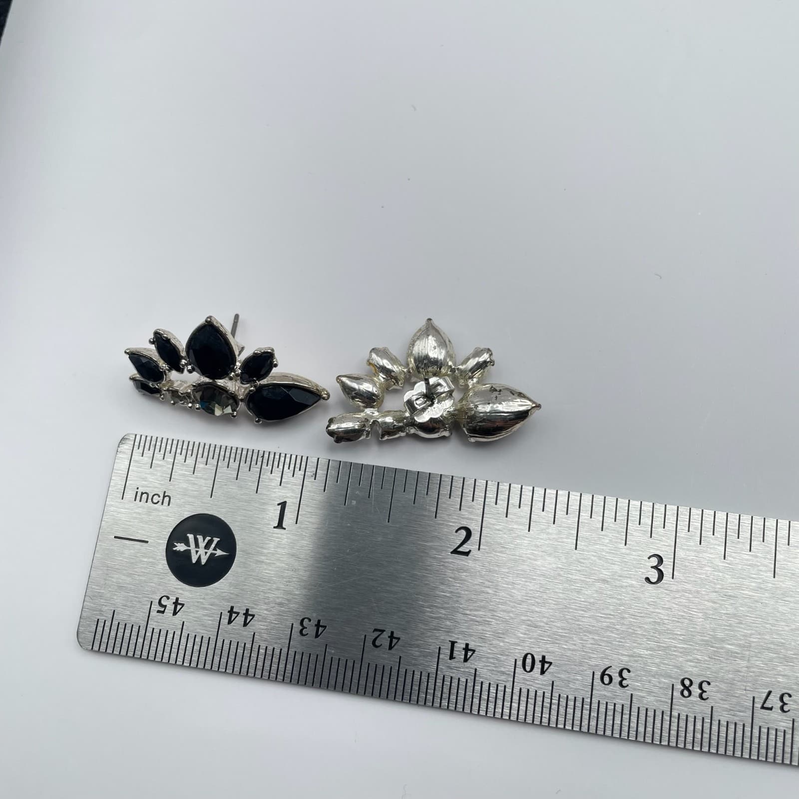 Vintage 90s Silver Tone Black Teardrop Glass Fan Statement Stud Earrings Jewelry - Thumbnail 10