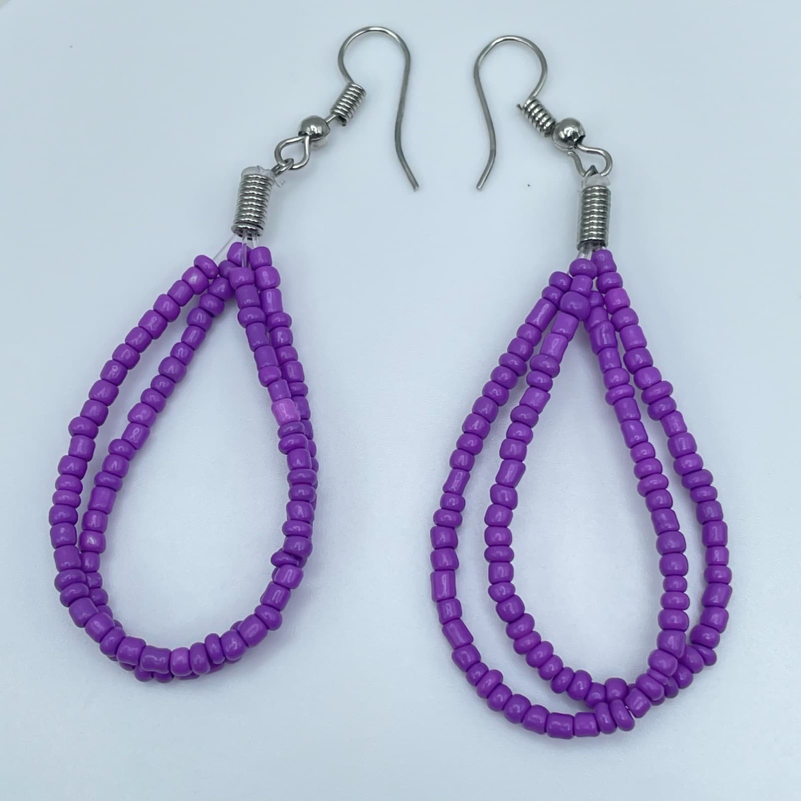 Vintage 90s Purple Seed Bead Dangle Earrings Boho Multi Strand Teardrop Fashion - Thumbnail 2