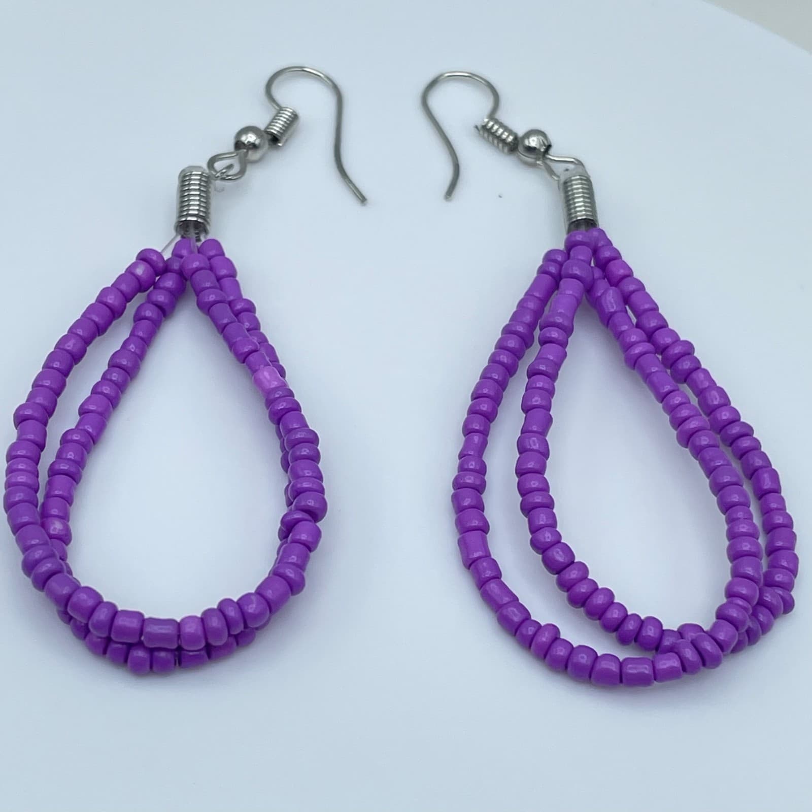 Vintage 90s Purple Seed Bead Dangle Earrings Boho Multi Strand Teardrop Fashion - Thumbnail 7