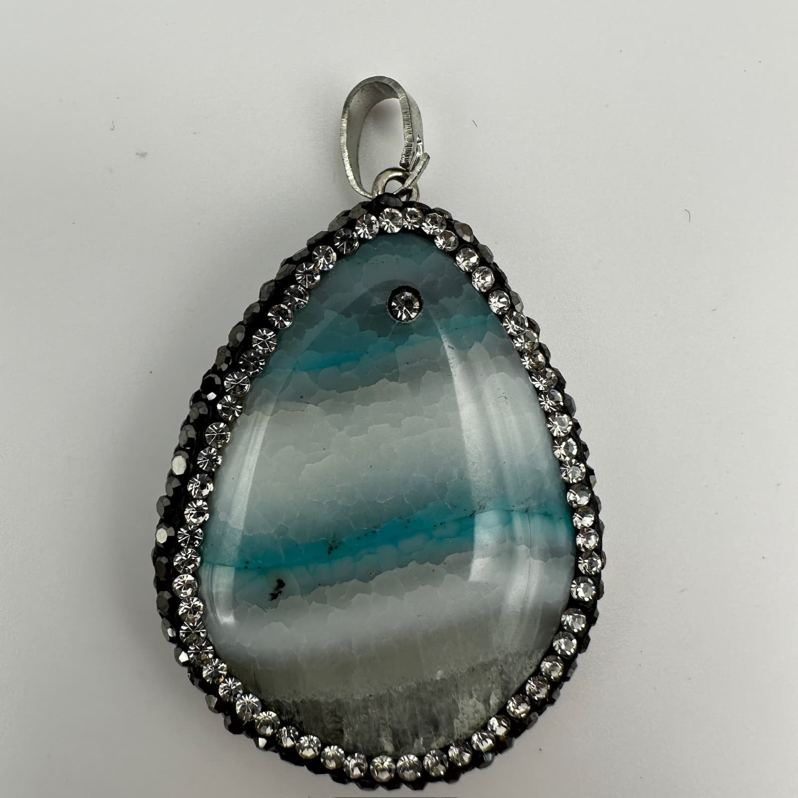 Vintage 90s Blue agate teardrop pendant black & clear rhinestone Jewelry - Thumbnail 2