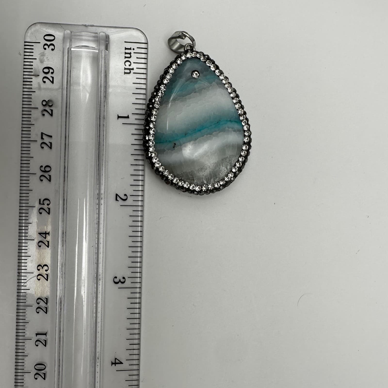 Vintage 90s Blue agate teardrop pendant black & clear rhinestone Jewelry - Thumbnail 6