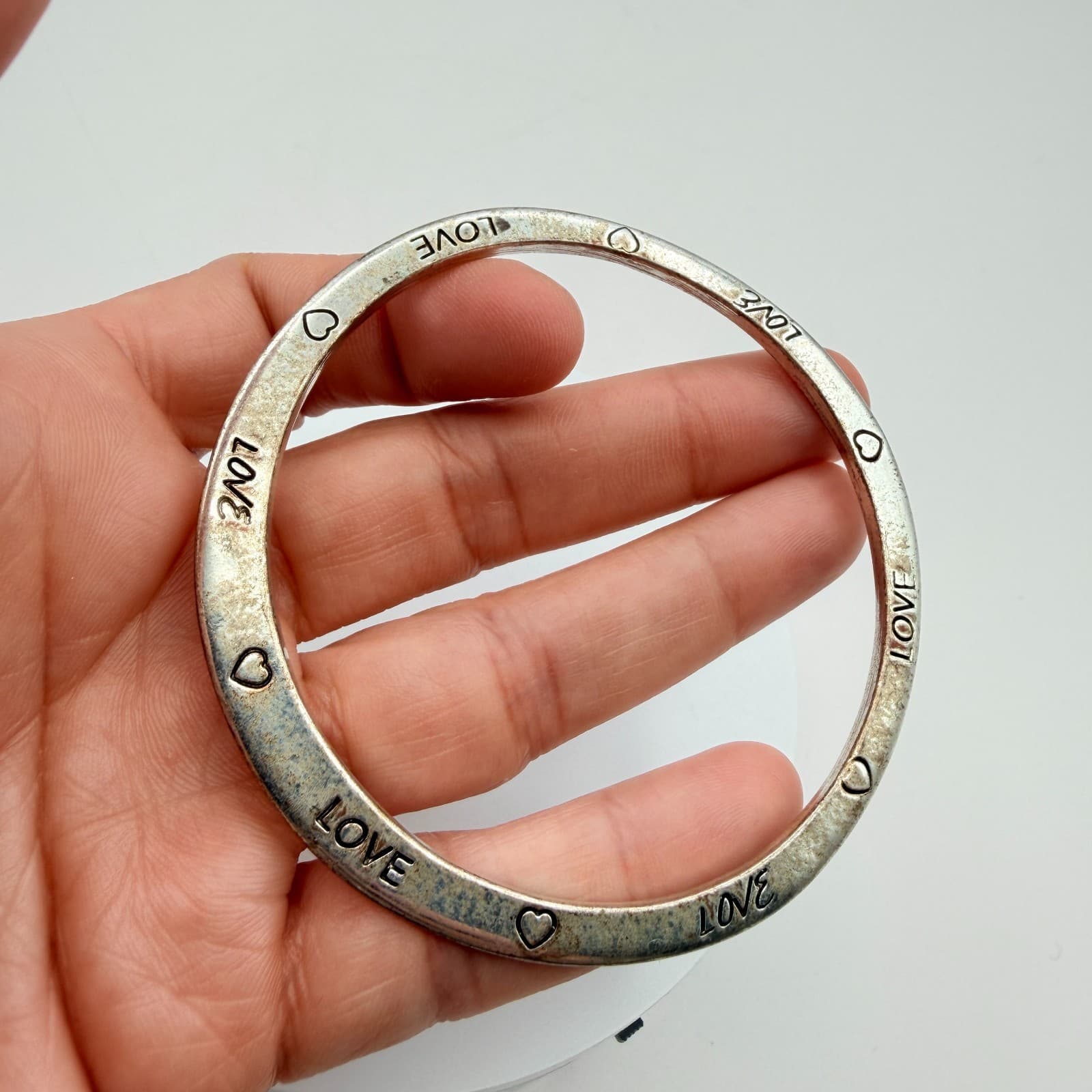 Vintage 90s Silver Tone Love Heart Bangle Bracelet Engraved Women's Jewelry - Thumbnail 6