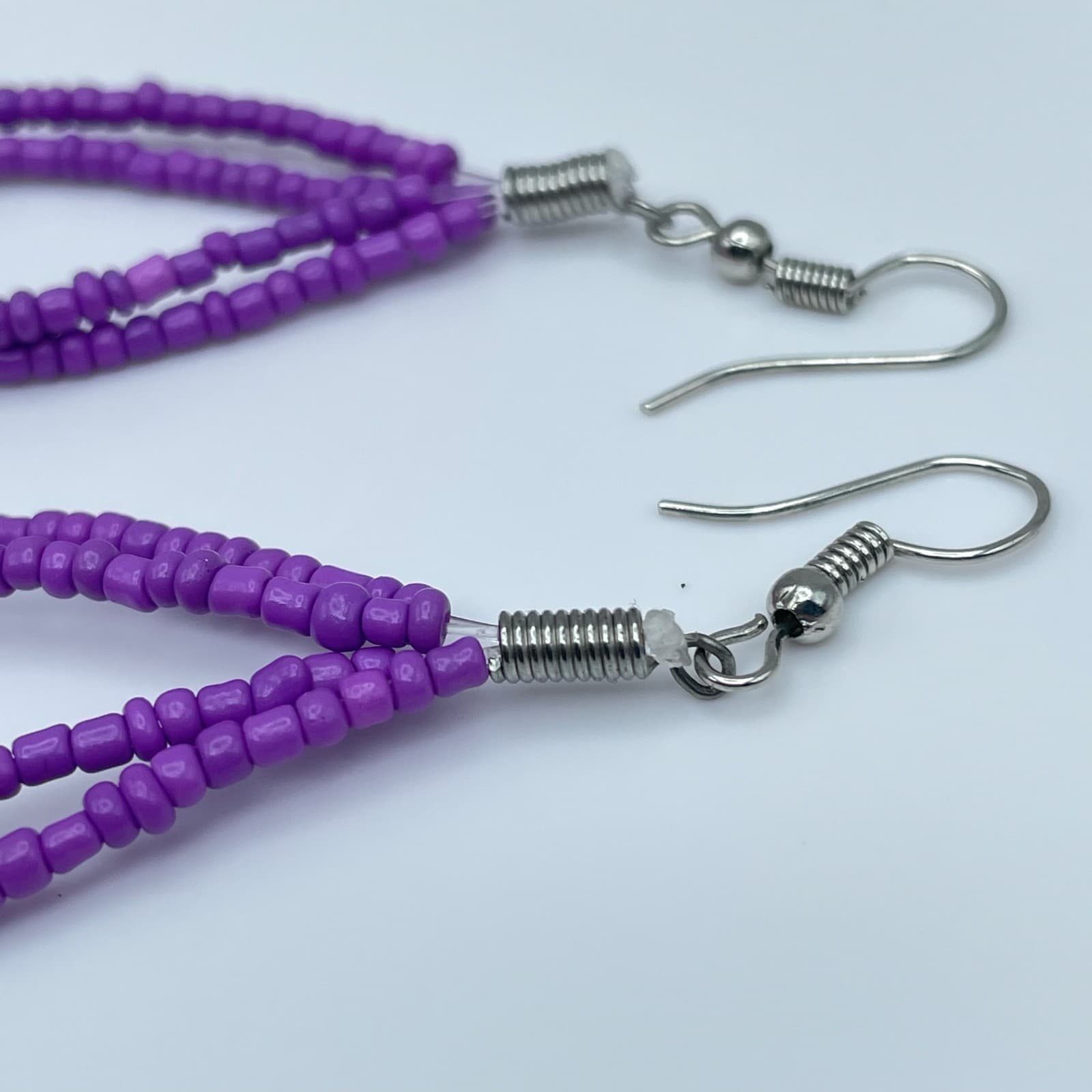 Vintage 90s Purple Seed Bead Dangle Earrings Boho Multi Strand Teardrop Fashion - Thumbnail 4