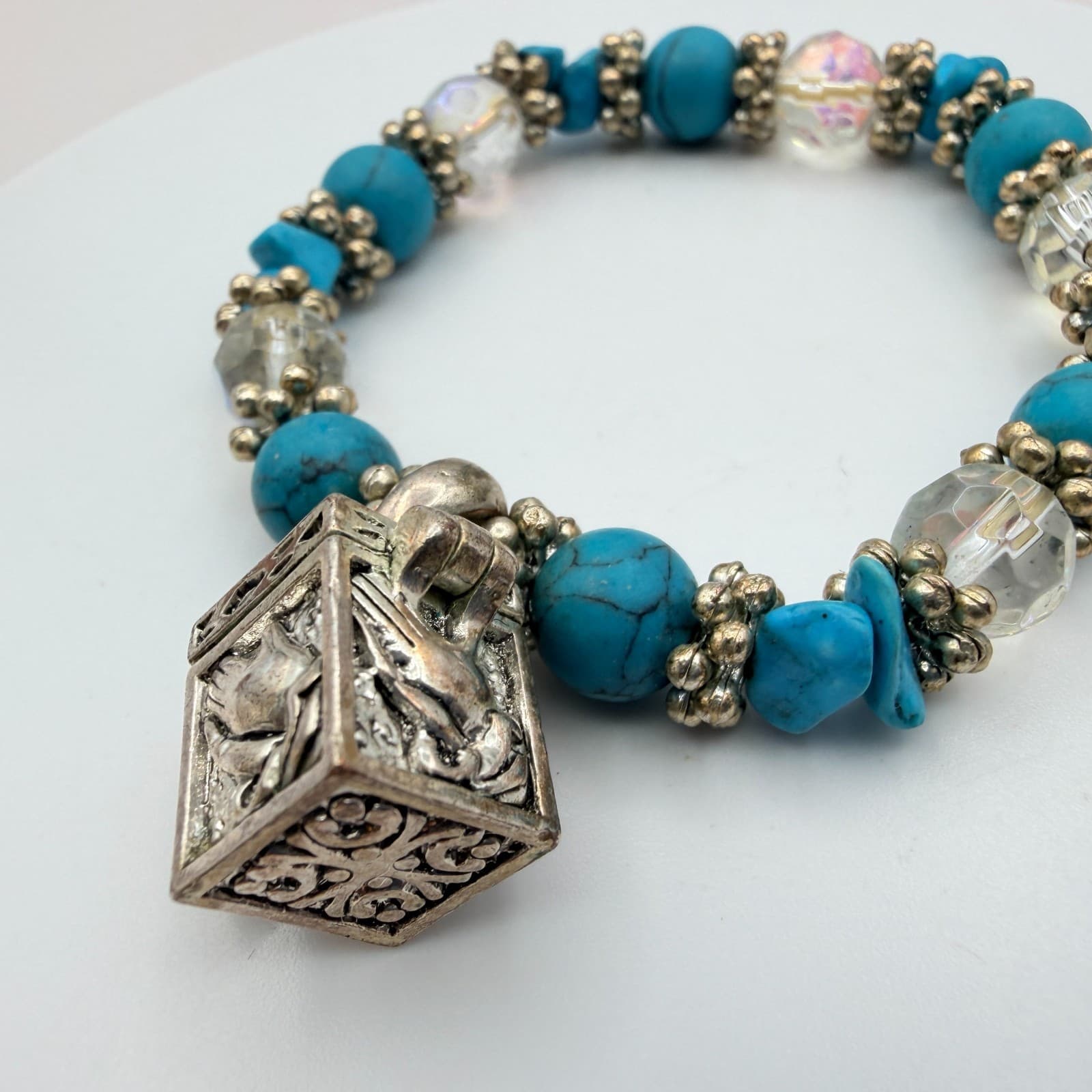 Vintage 90s Silver Tone Turquoise Beaded Charm Bracelet Women's Classic Jewelry - Thumbnail 4