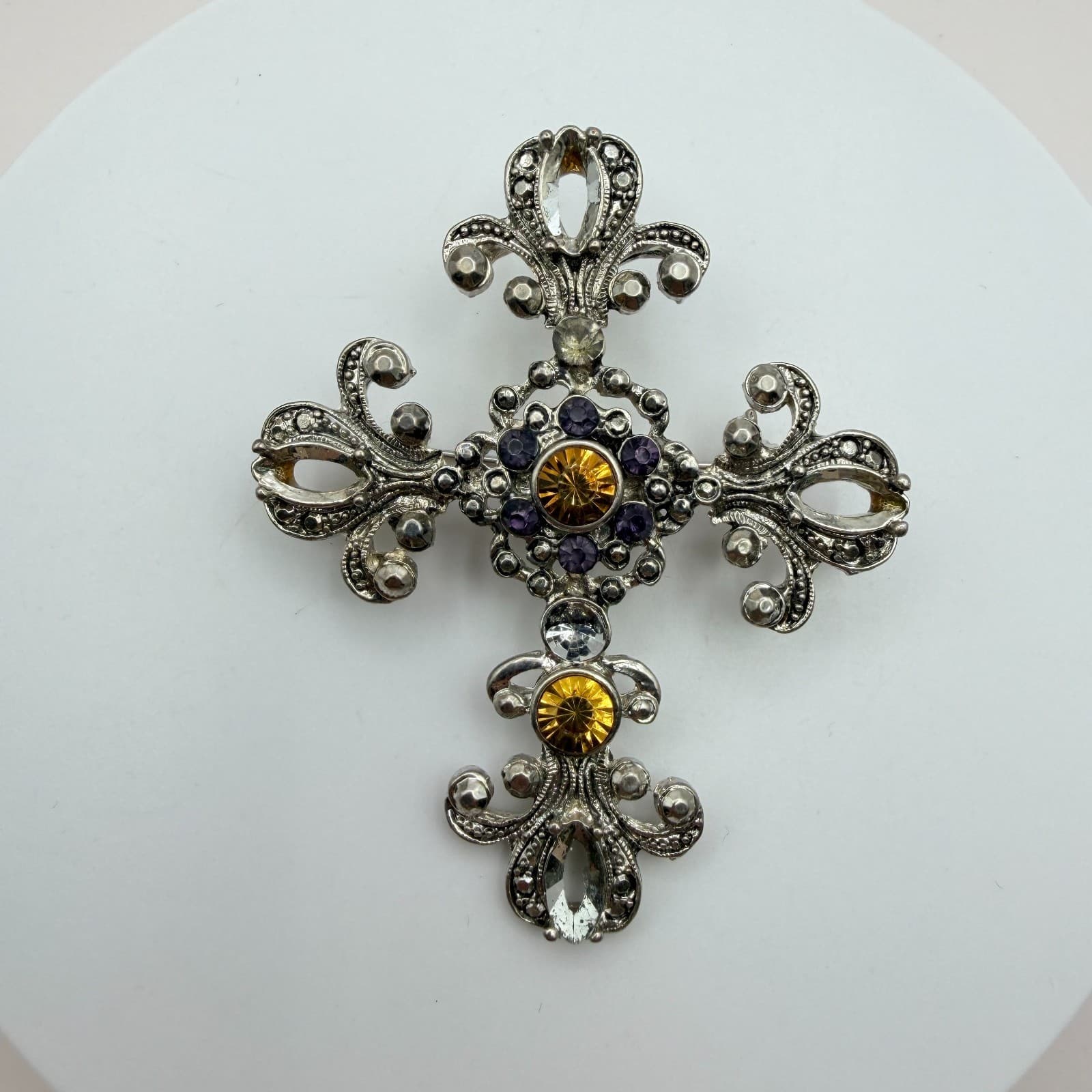 Vintage Y2K Silver Tone Rhinestone Filigree Cross Brooch Pin Statement Jewelry - Thumbnail 3