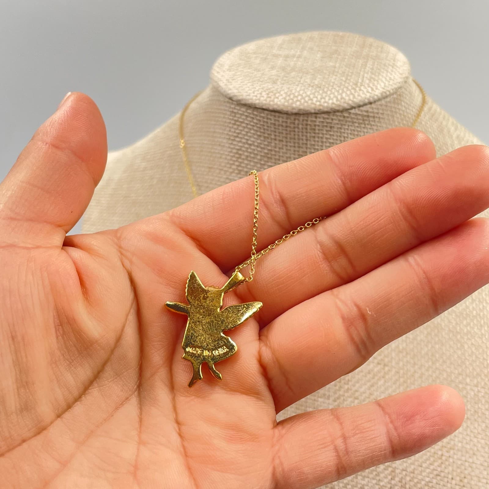 Vintage Gold-Tone Chain Enamel Coated Whimsical Angel Pendant Push Lock Necklace - Thumbnail 5