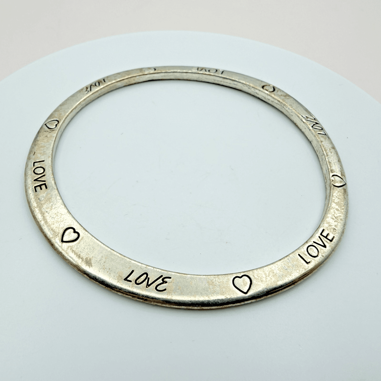 Vintage 90s Silver Tone Love Heart Bangle Bracelet Engraved Women's Jewelry - Image 1