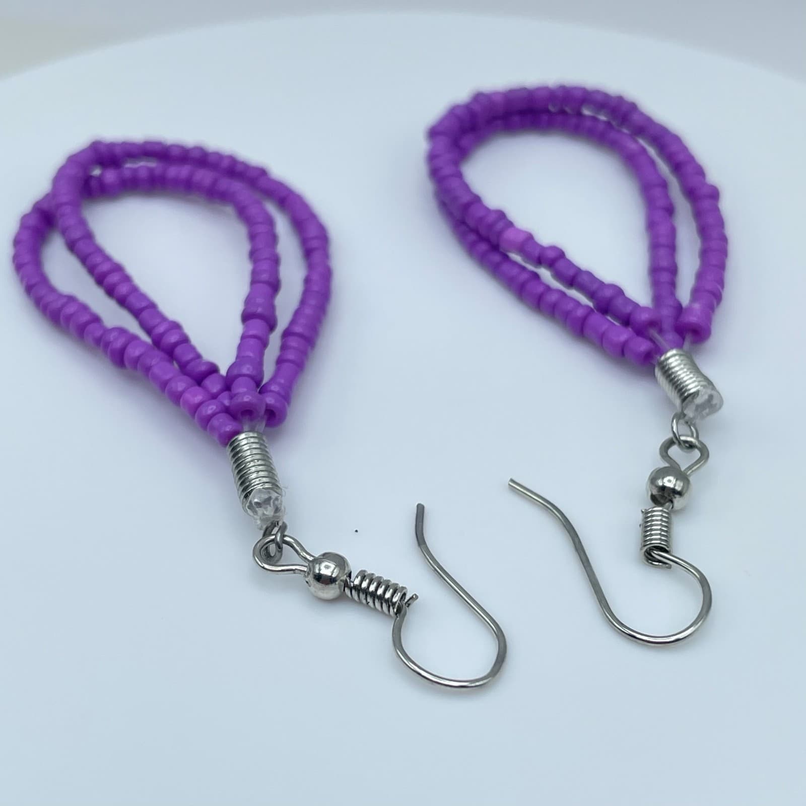 Vintage 90s Purple Seed Bead Dangle Earrings Boho Multi Strand Teardrop Fashion - Thumbnail 5