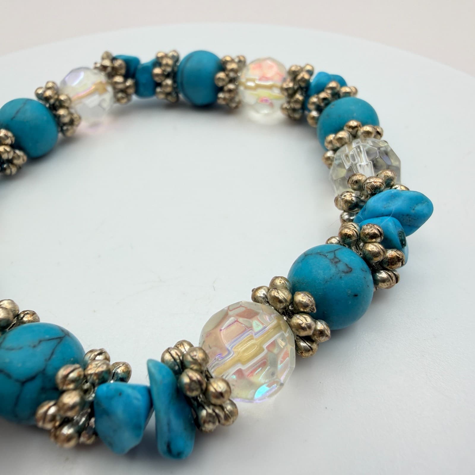 Vintage 90s Silver Tone Turquoise Beaded Charm Bracelet Women's Classic Jewelry - Thumbnail 2