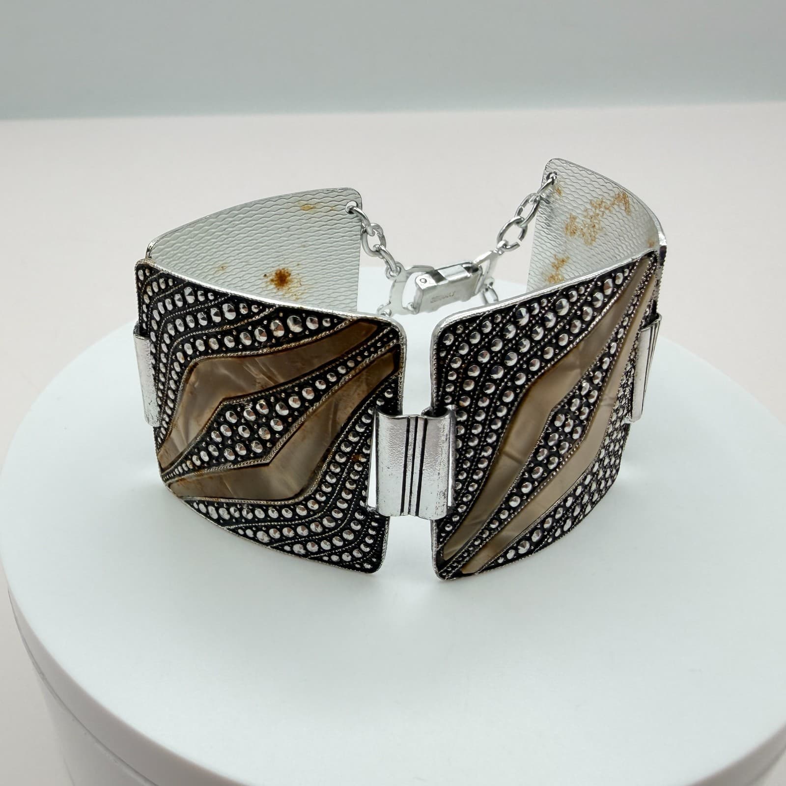 Vintage 80s Silver Tone Wide Panel Bracelet Art Deco Classic Fashion Jewelry - Image 1