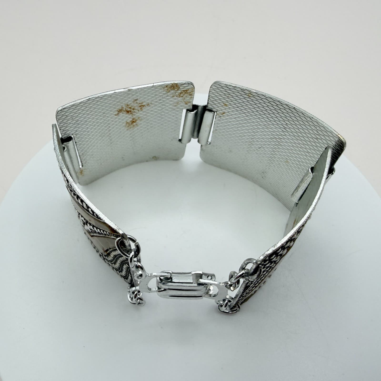 Vintage 80s Silver Tone Wide Panel Bracelet Art Deco Classic Fashion Jewelry - Thumbnail 6