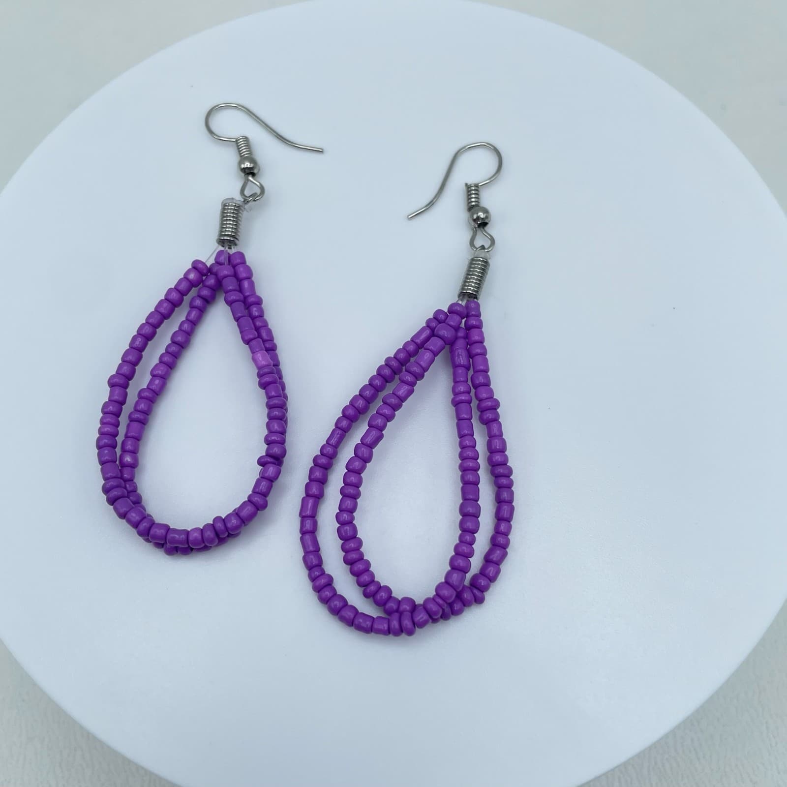 Vintage 90s Purple Seed Bead Dangle Earrings Boho Multi Strand Teardrop Fashion - Image 1