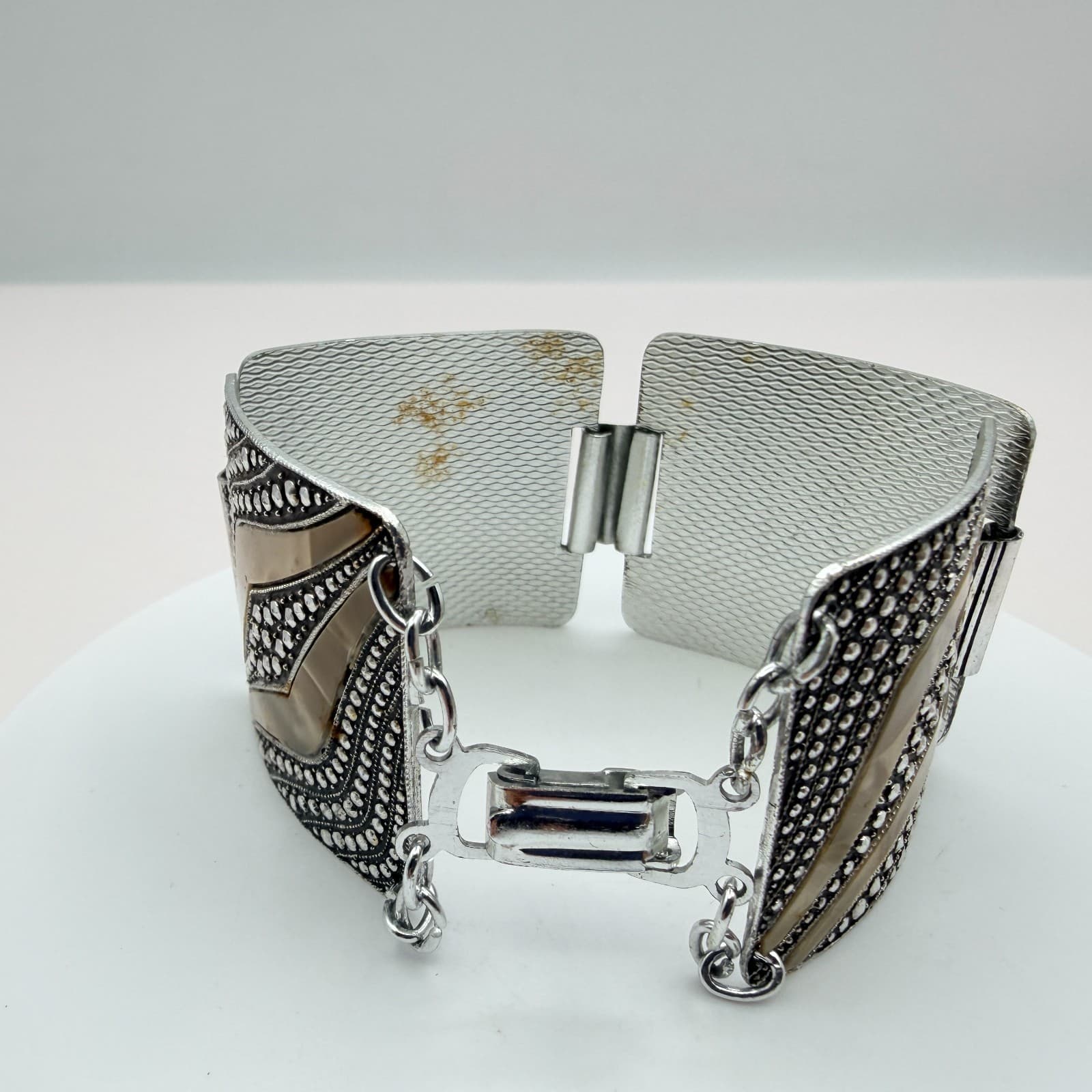Vintage 80s Silver Tone Wide Panel Bracelet Art Deco Classic Fashion Jewelry - Thumbnail 5