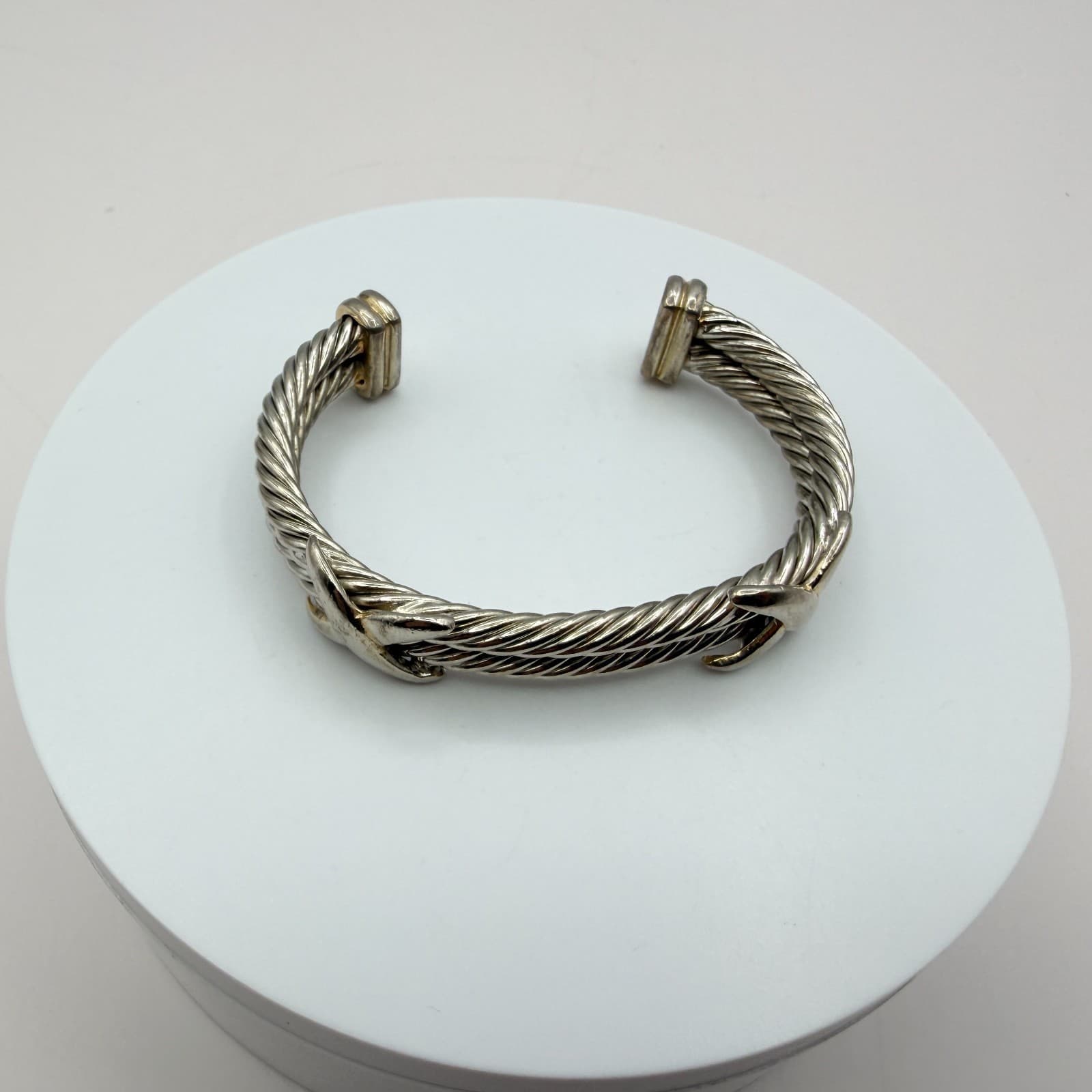 Vintage 90s Silver Tone Cable Twist Cuff Bracelet Boho X Design Fashion Jewelry - Thumbnail 2