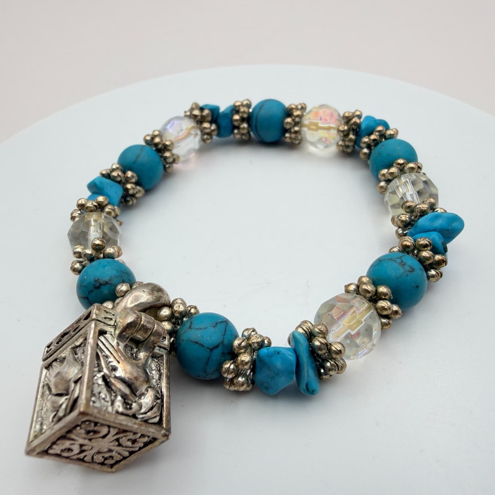 Vintage 90s Silver Tone Turquoise Beaded Charm Bracelet Women's Classic Jewelry - Thumbnail 3