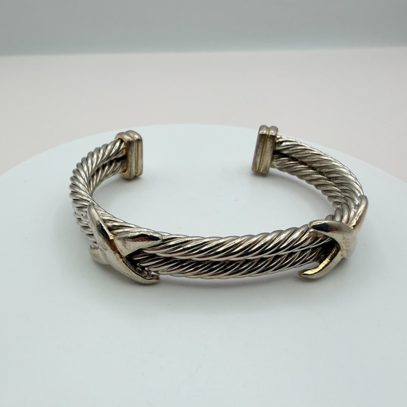 Vintage 90s Silver Tone Cable Twist Cuff Bracelet Boho X Design Fashion Jewelry - Image 1