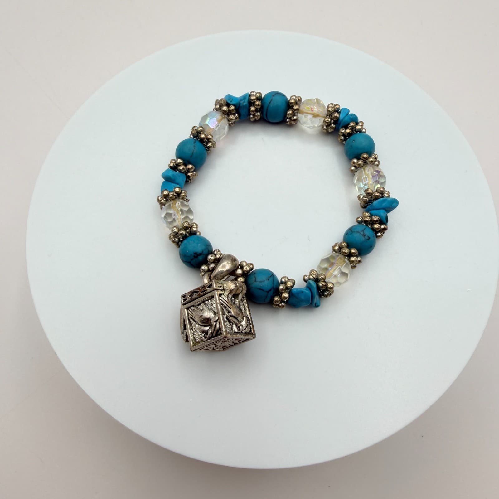 Vintage 90s Silver Tone Turquoise Beaded Charm Bracelet Women's Classic Jewelry - Thumbnail 6