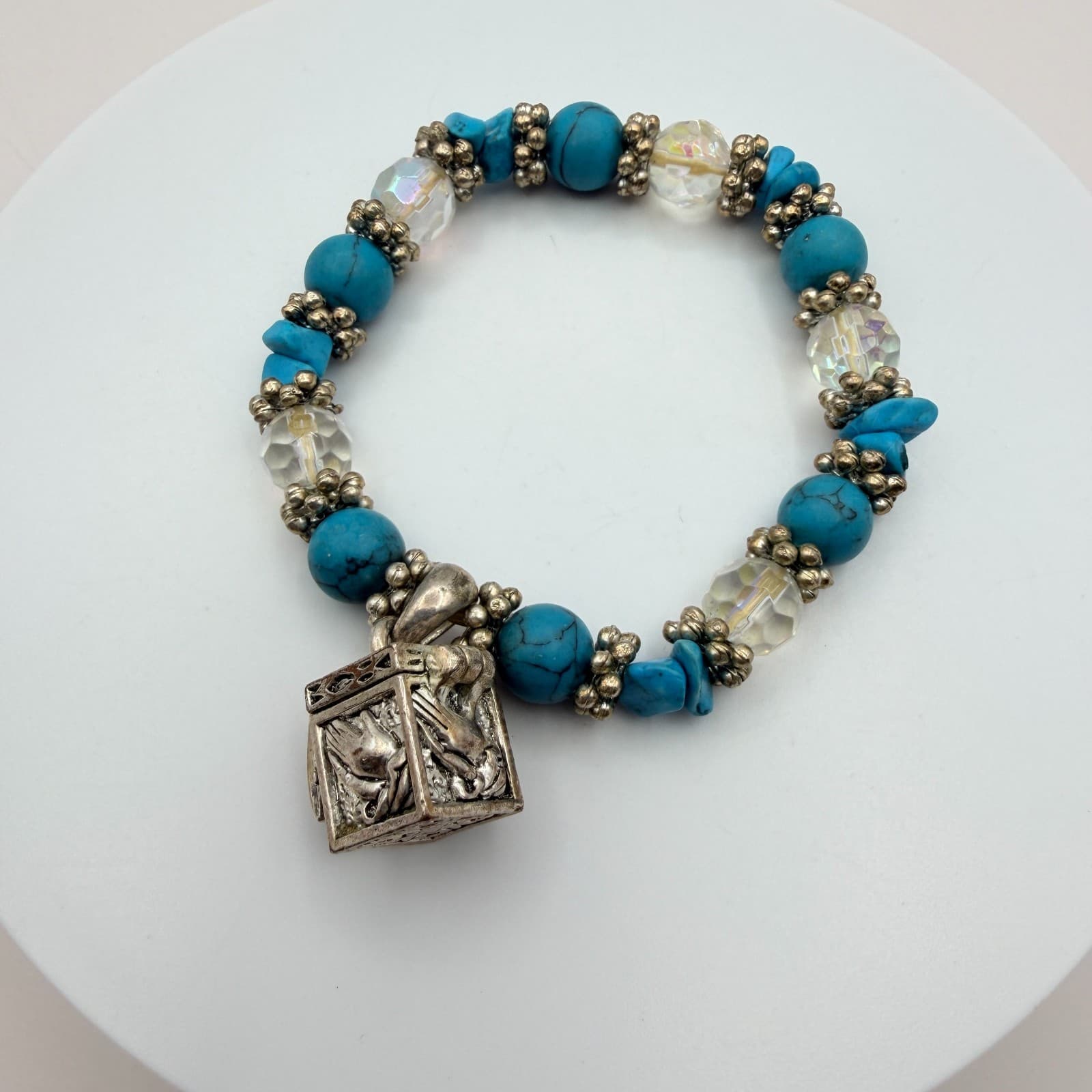 Vintage 90s Silver Tone Turquoise Beaded Charm Bracelet Women's Classic Jewelry - Thumbnail 5