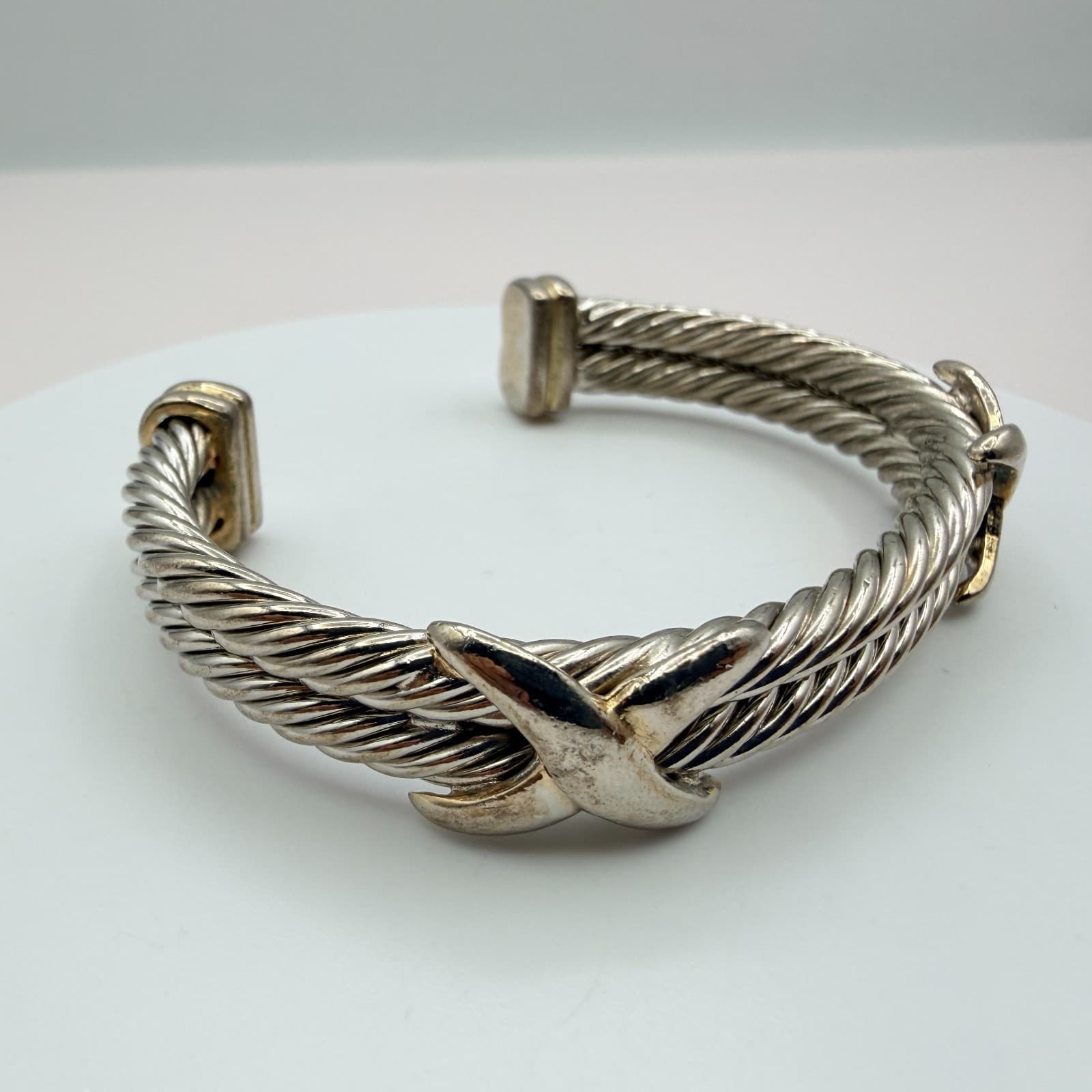 Vintage 90s Silver Tone Cable Twist Cuff Bracelet Boho X Design Fashion Jewelry - Thumbnail 5