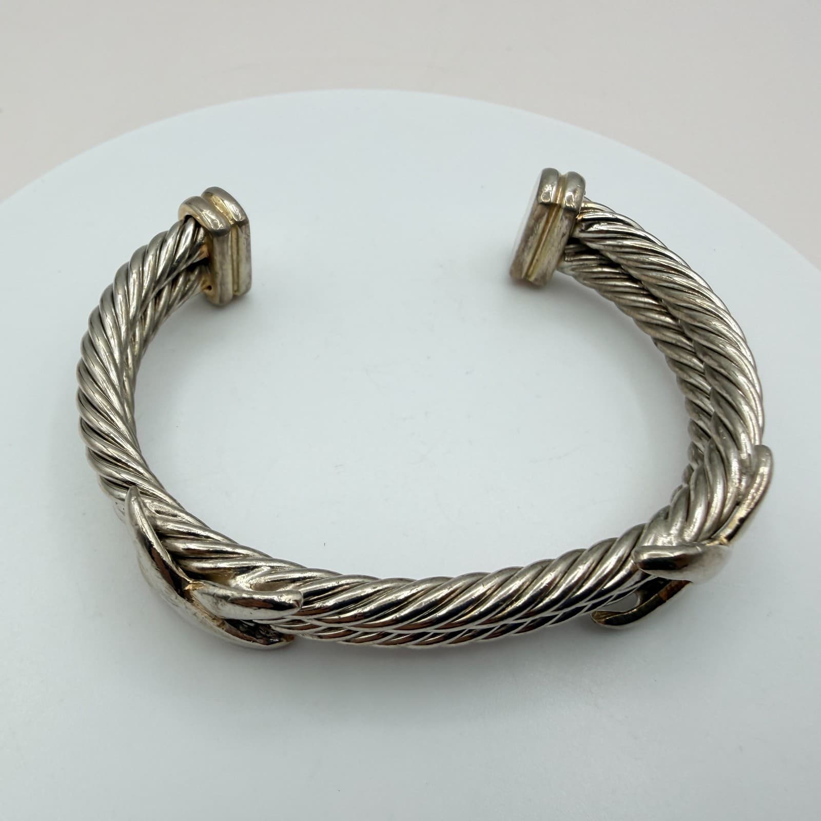 Vintage 90s Silver Tone Cable Twist Cuff Bracelet Boho X Design Fashion Jewelry - Thumbnail 3
