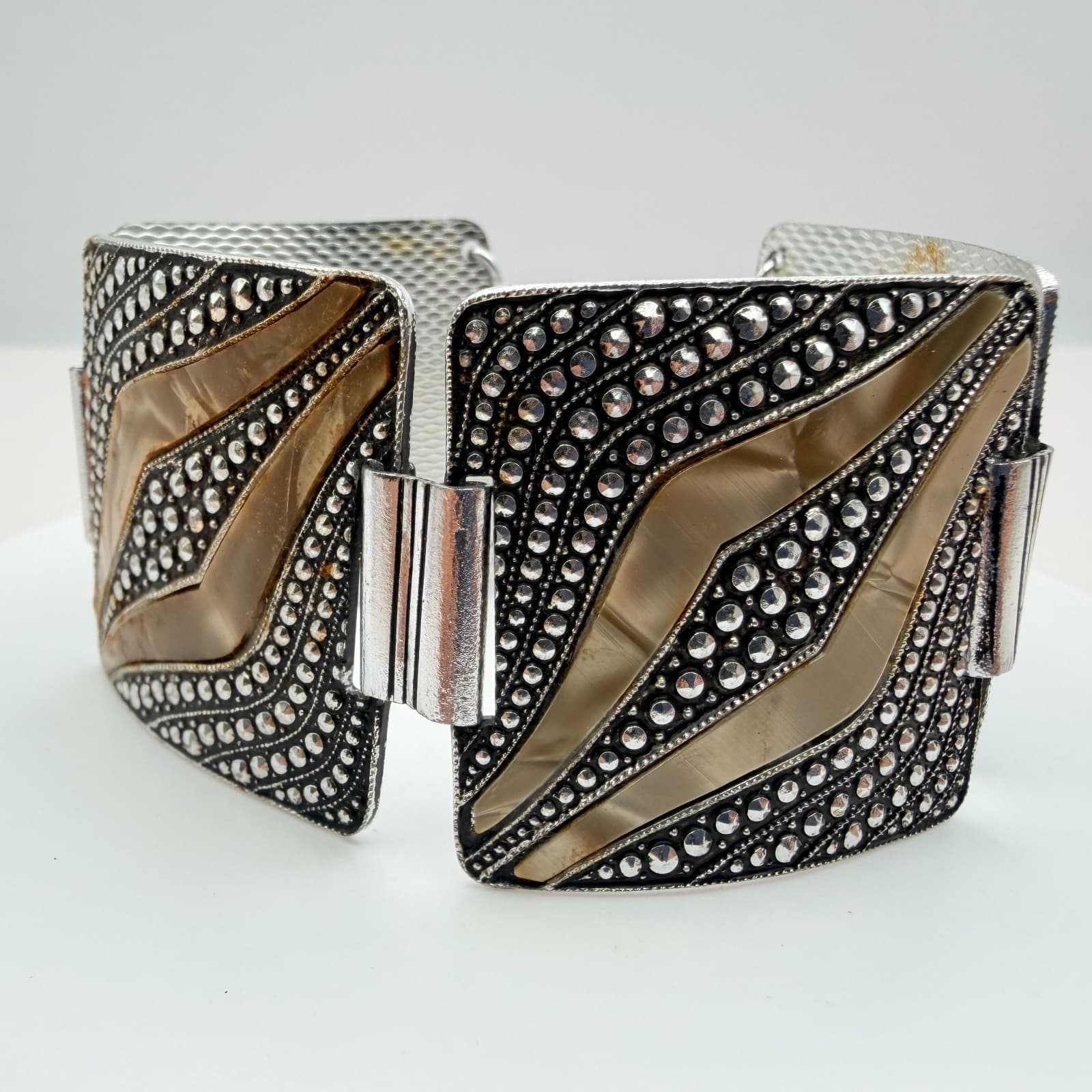 Vintage 80s Silver Tone Wide Panel Bracelet Art Deco Classic Fashion Jewelry - Thumbnail 7