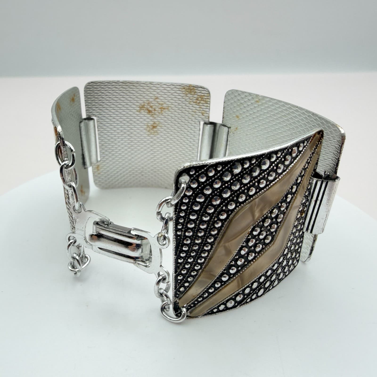 Vintage 80s Silver Tone Wide Panel Bracelet Art Deco Classic Fashion Jewelry - Thumbnail 4