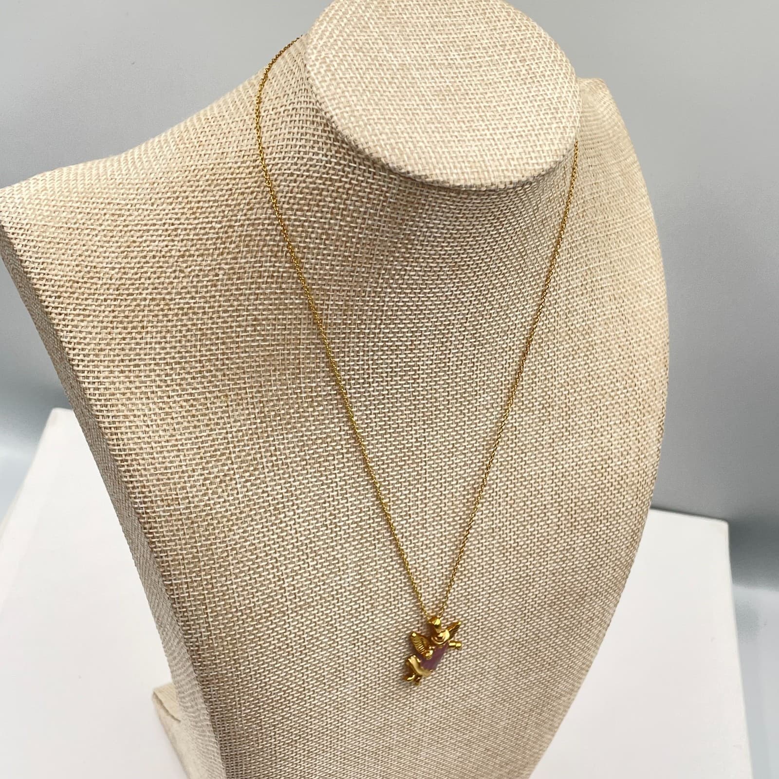 Vintage Gold-Tone Chain Enamel Coated Whimsical Angel Pendant Push Lock Necklace - Thumbnail 6