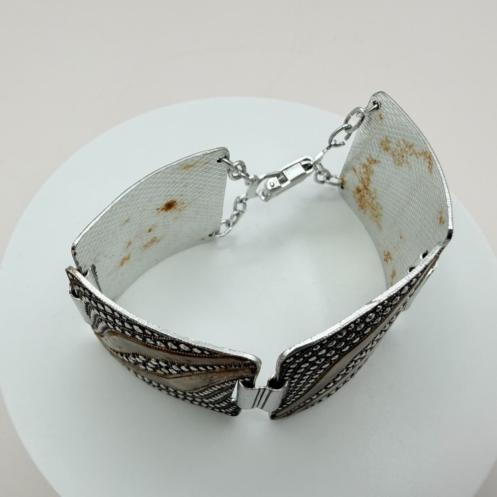Vintage 80s Silver Tone Wide Panel Bracelet Art Deco Classic Fashion Jewelry - Thumbnail 3