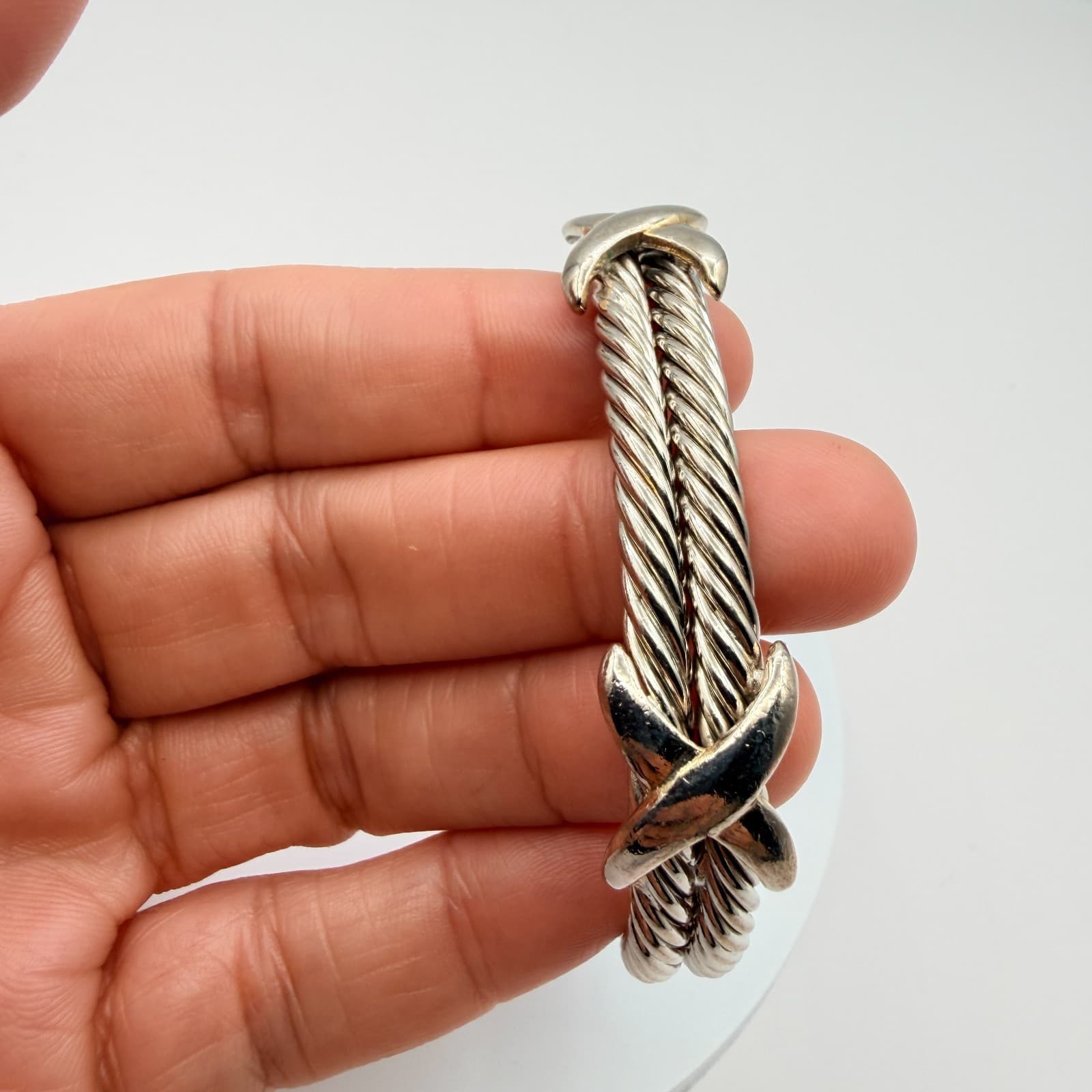 Vintage 90s Silver Tone Cable Twist Cuff Bracelet Boho X Design Fashion Jewelry - Thumbnail 8