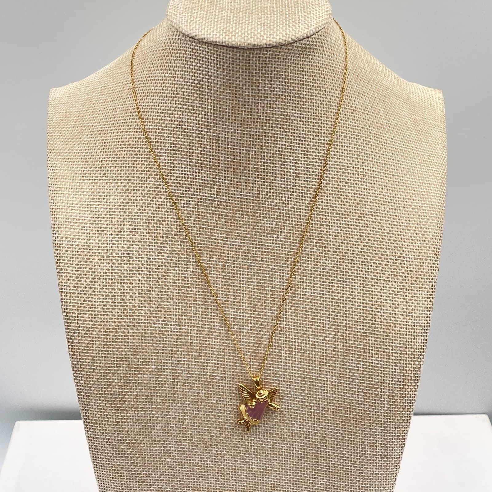 Vintage Gold-Tone Chain Enamel Coated Whimsical Angel Pendant Push Lock Necklace - Thumbnail 2