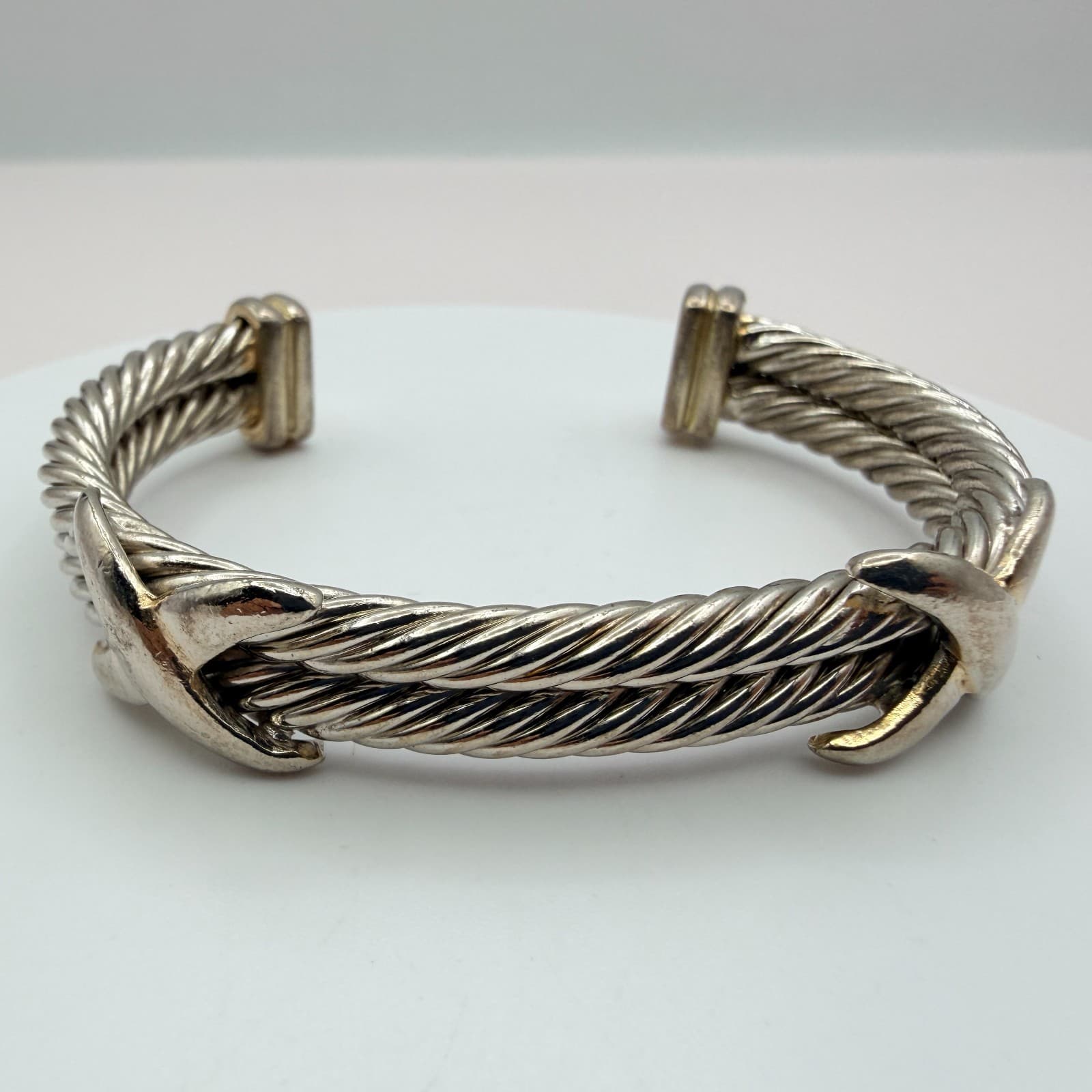 Vintage 90s Silver Tone Cable Twist Cuff Bracelet Boho X Design Fashion Jewelry - Thumbnail 4
