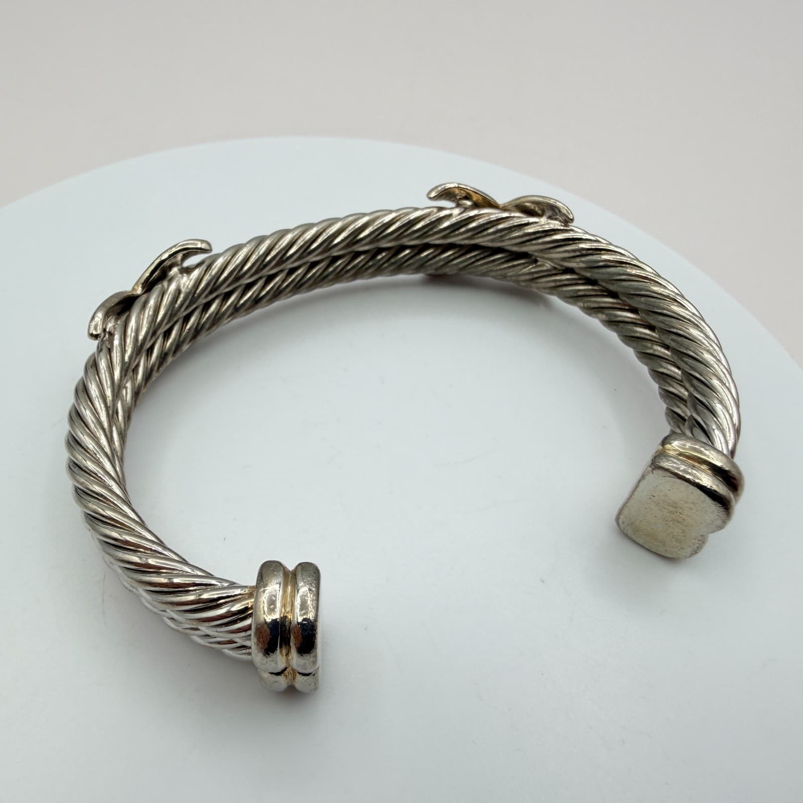 Vintage 90s Silver Tone Cable Twist Cuff Bracelet Boho X Design Fashion Jewelry - Thumbnail 7