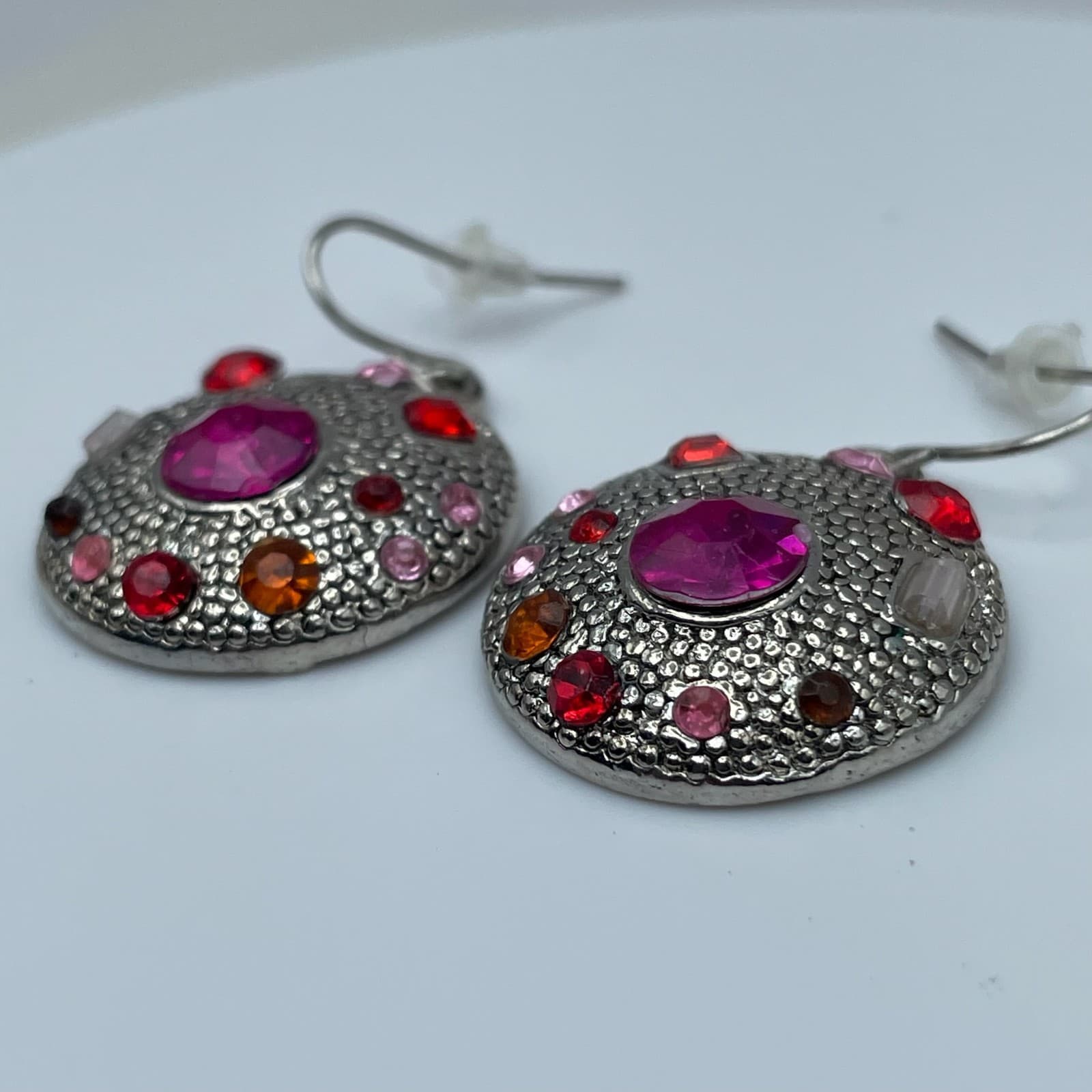Vintage 90s Baby Boo Pink & Red Glass Silver Tone Round Dangle Earrings Fashion - Thumbnail 5