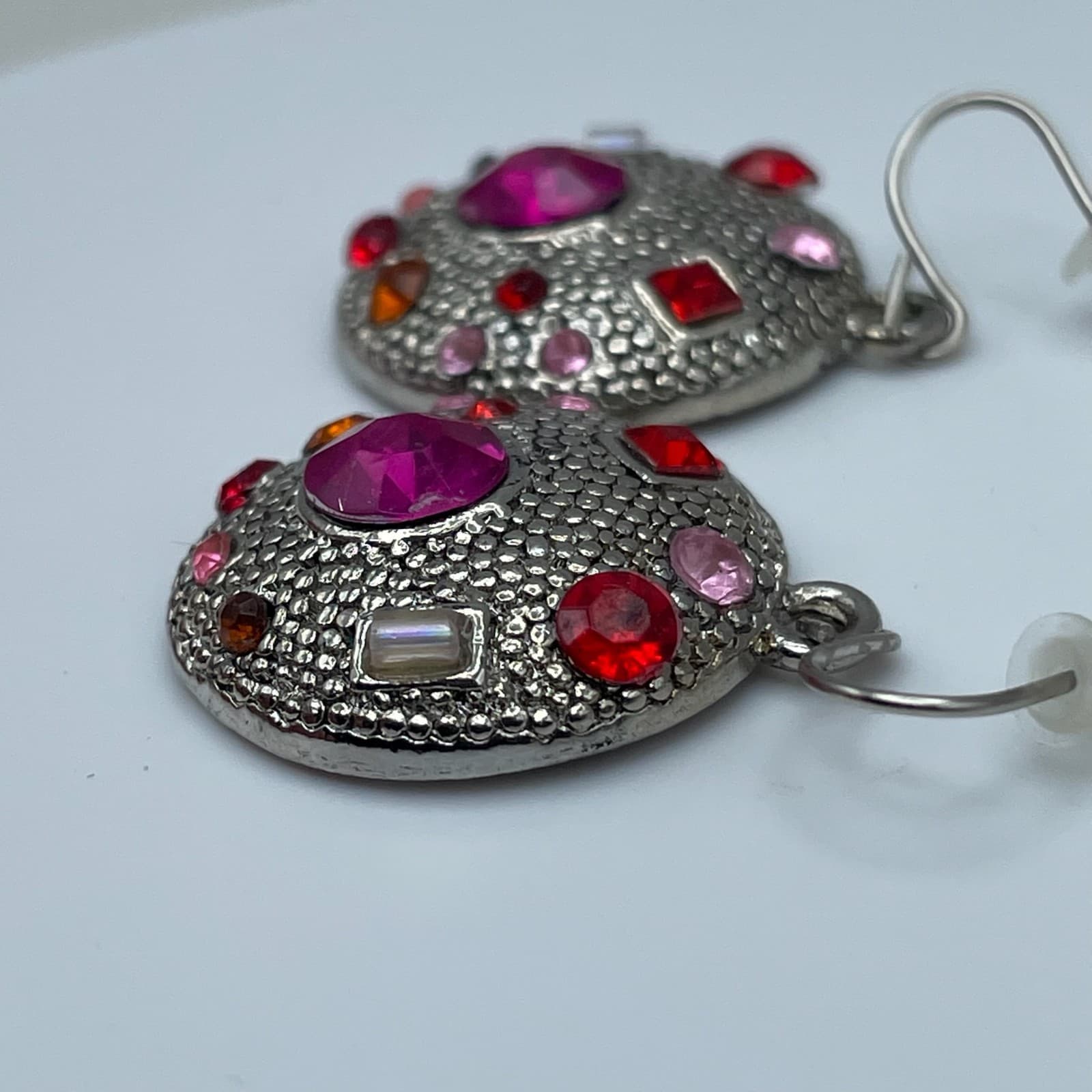 Vintage 90s Baby Boo Pink & Red Glass Silver Tone Round Dangle Earrings Fashion - Thumbnail 8