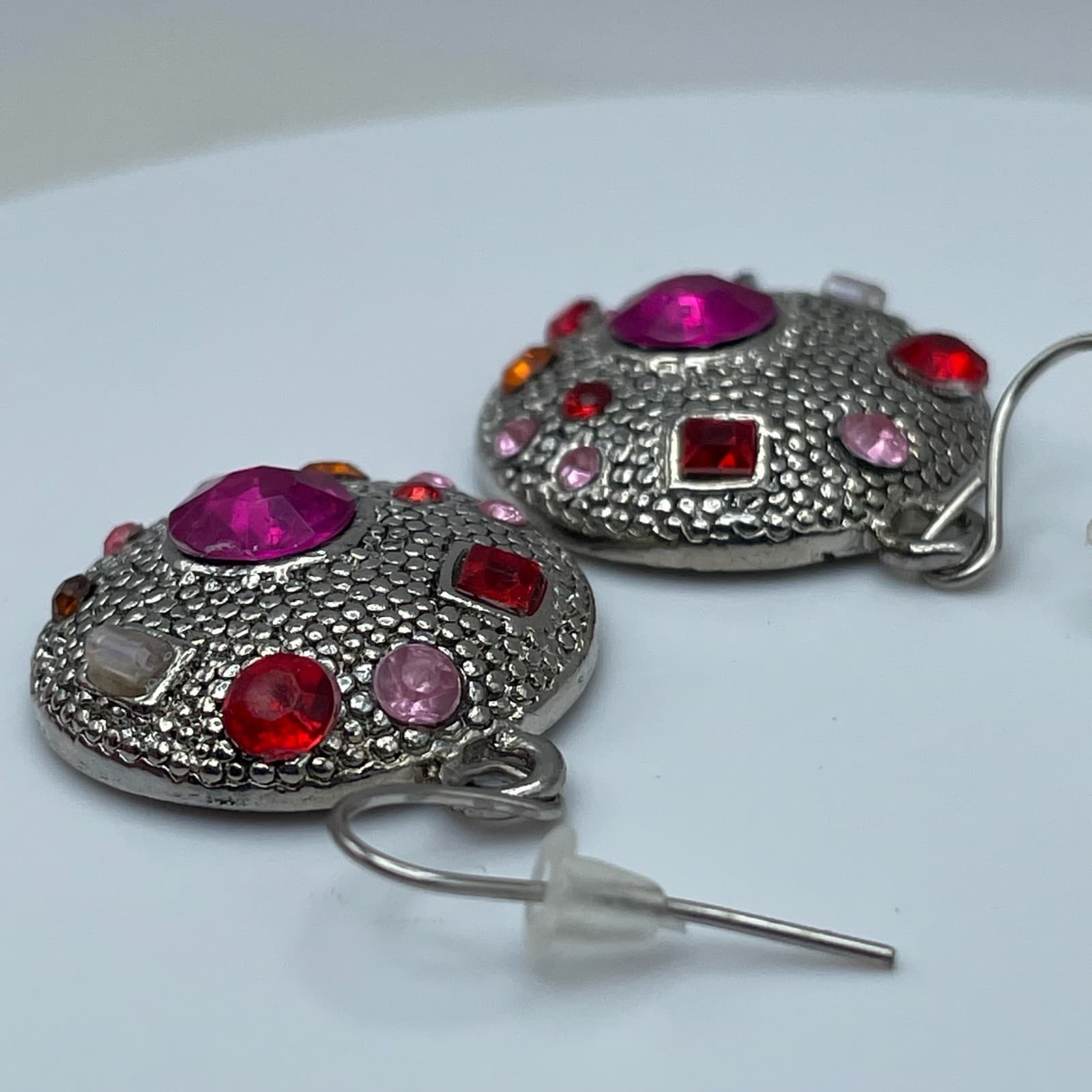 Vintage 90s Baby Boo Pink & Red Glass Silver Tone Round Dangle Earrings Fashion - Thumbnail 9