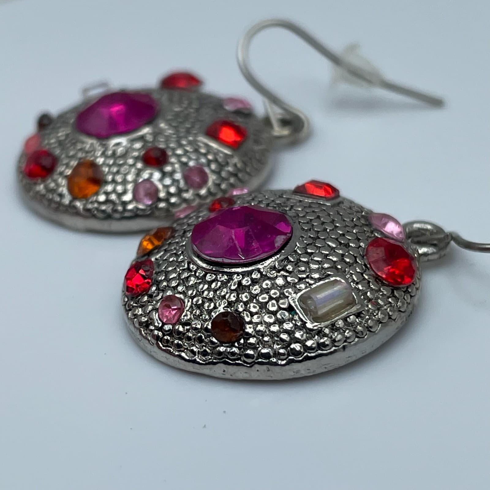 Vintage 90s Baby Boo Pink & Red Glass Silver Tone Round Dangle Earrings Fashion - Thumbnail 7