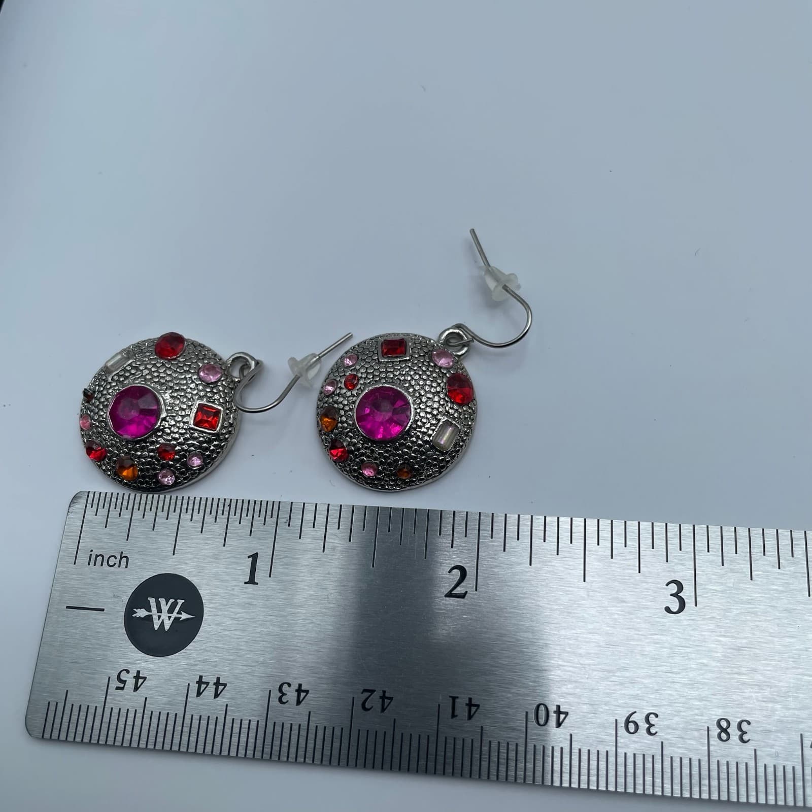 Vintage 90s Baby Boo Pink & Red Glass Silver Tone Round Dangle Earrings Fashion - Thumbnail 12