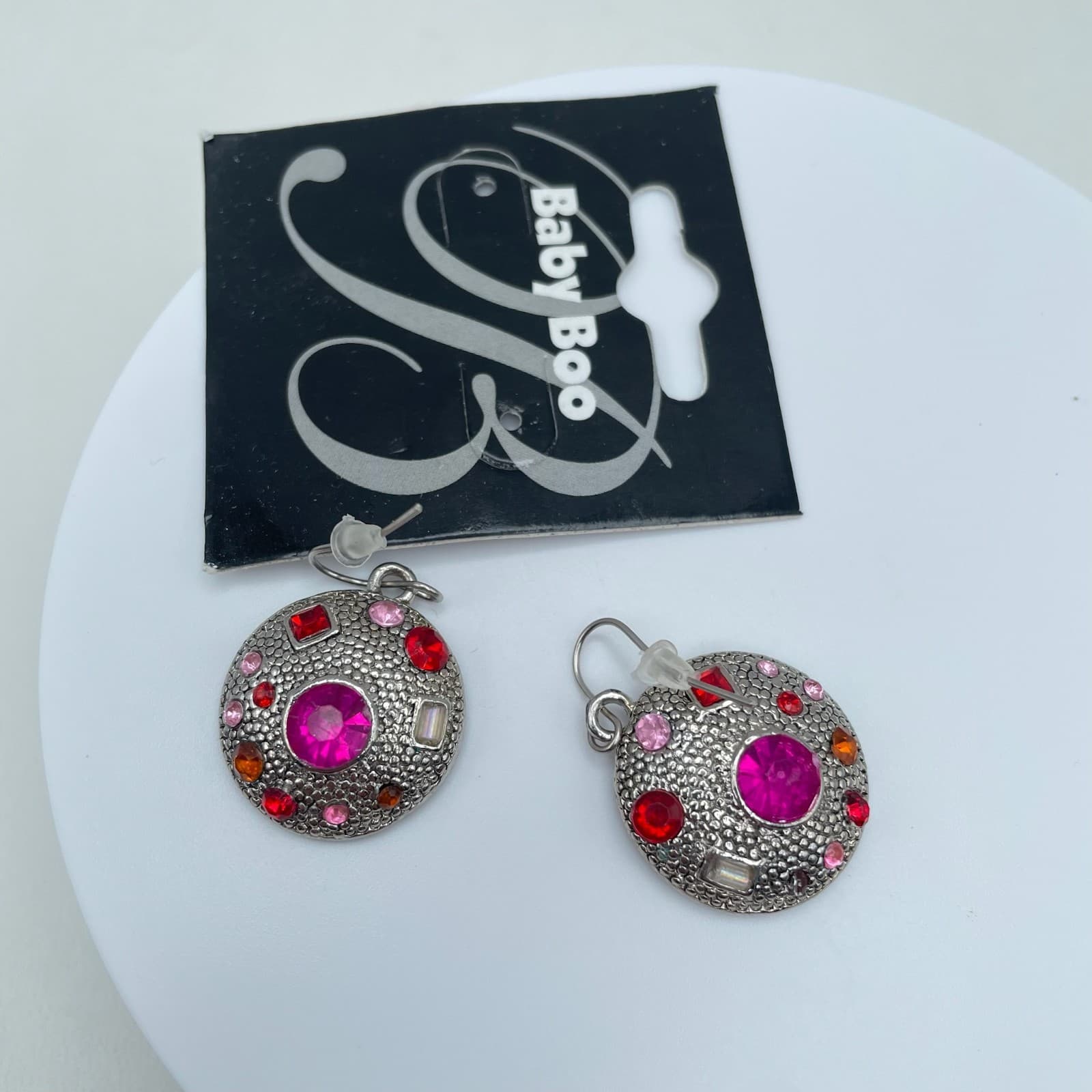 Vintage 90s Baby Boo Pink & Red Glass Silver Tone Round Dangle Earrings Fashion - Image 1