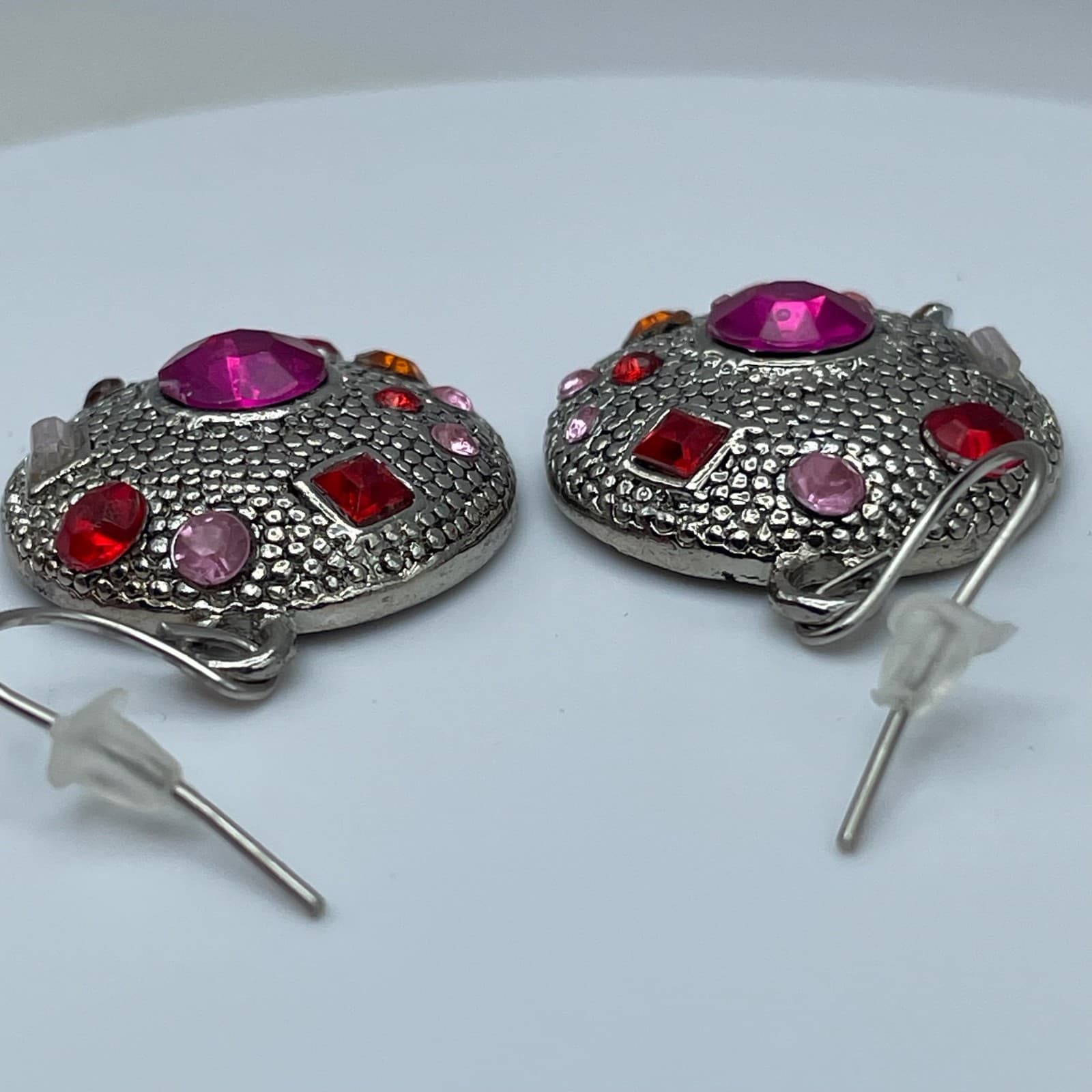 Vintage 90s Baby Boo Pink & Red Glass Silver Tone Round Dangle Earrings Fashion - Thumbnail 10