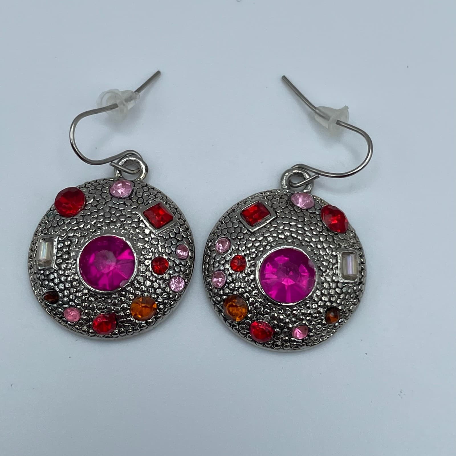 Vintage 90s Baby Boo Pink & Red Glass Silver Tone Round Dangle Earrings Fashion - Thumbnail 4